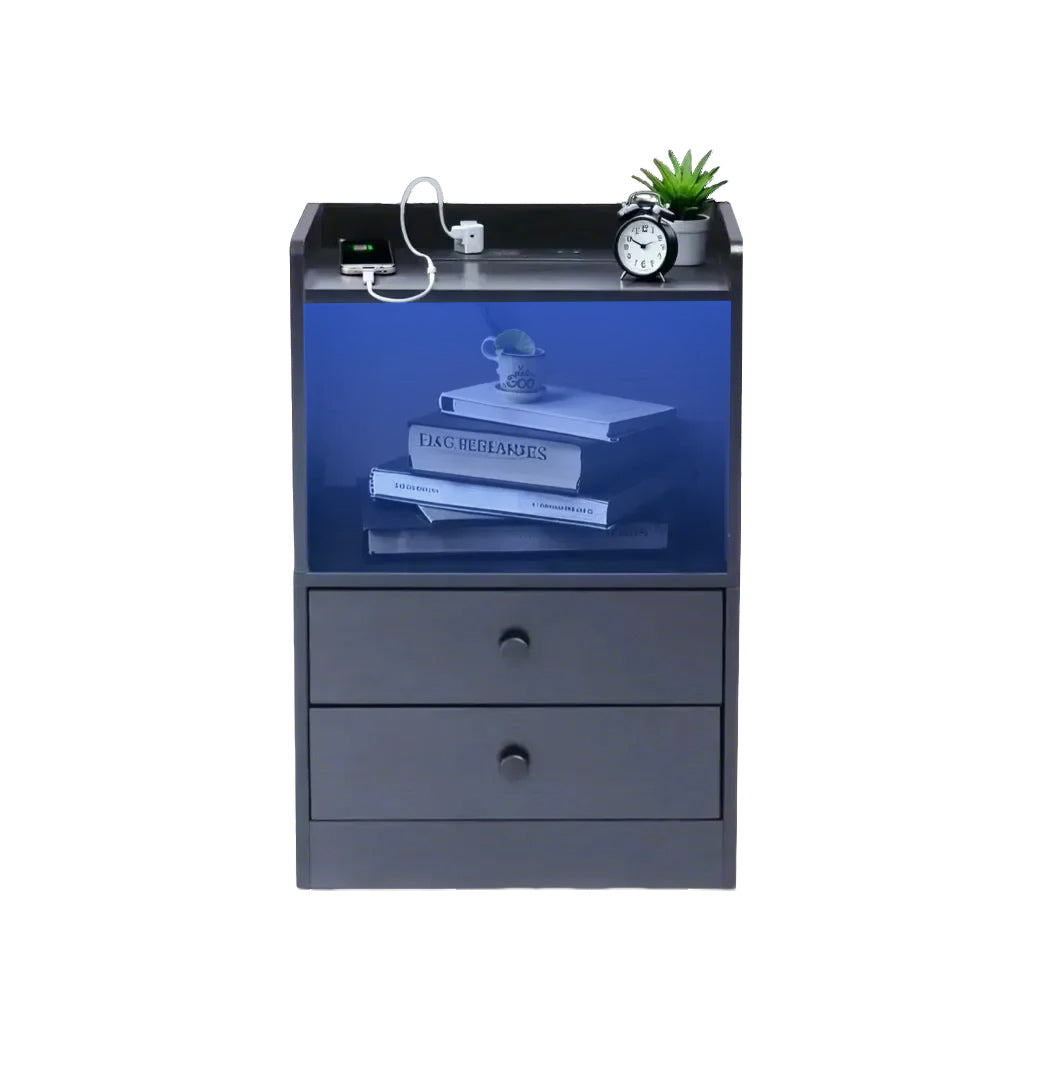 ORNN Nightstand with Charging Station, 2 Drawers, Open Shelf, Cable Port, Small Bedside Table, Black