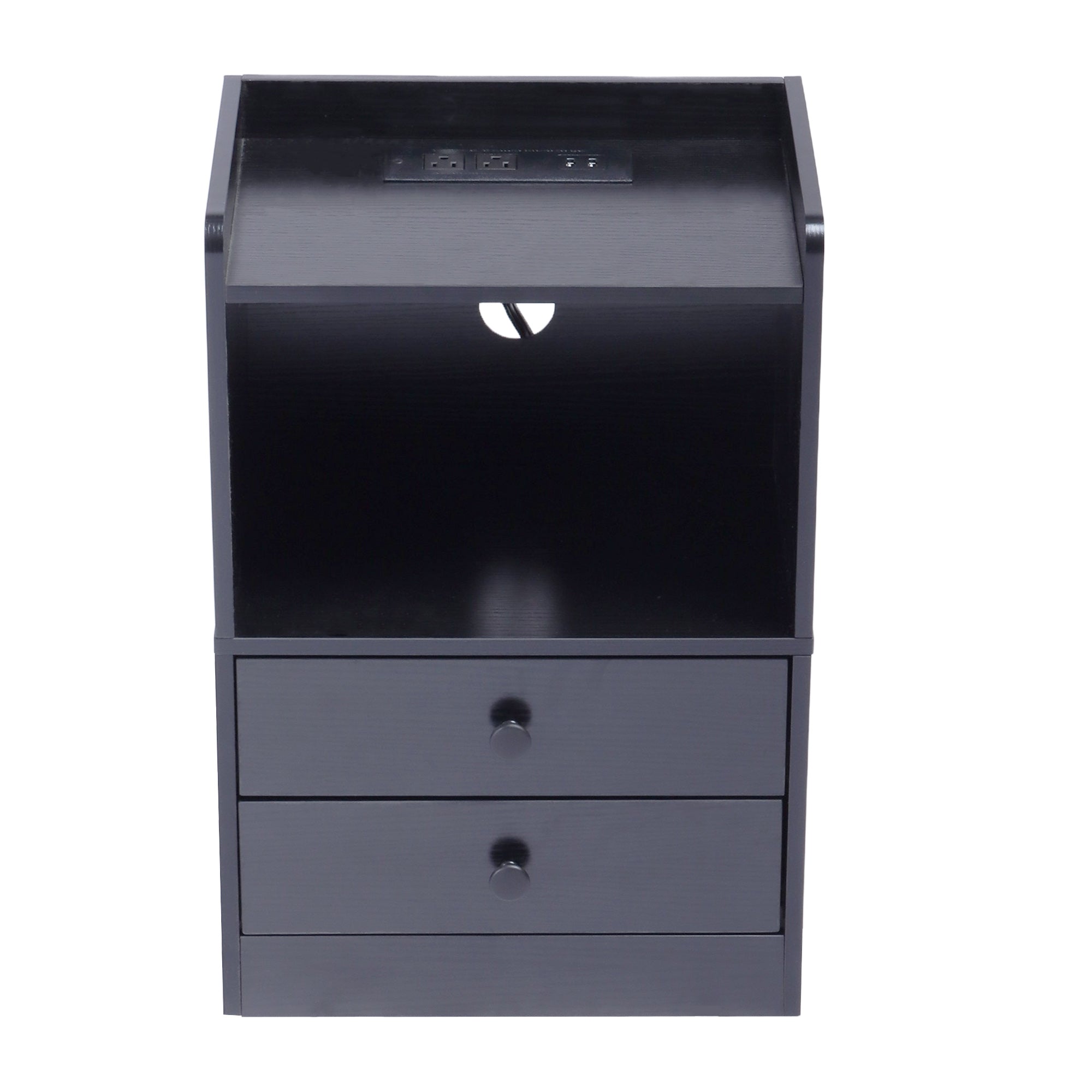 ORNN Nightstand with Charging Station, 2 Drawers, Open Shelf, Cable Port, Small Bedside Table, Black
