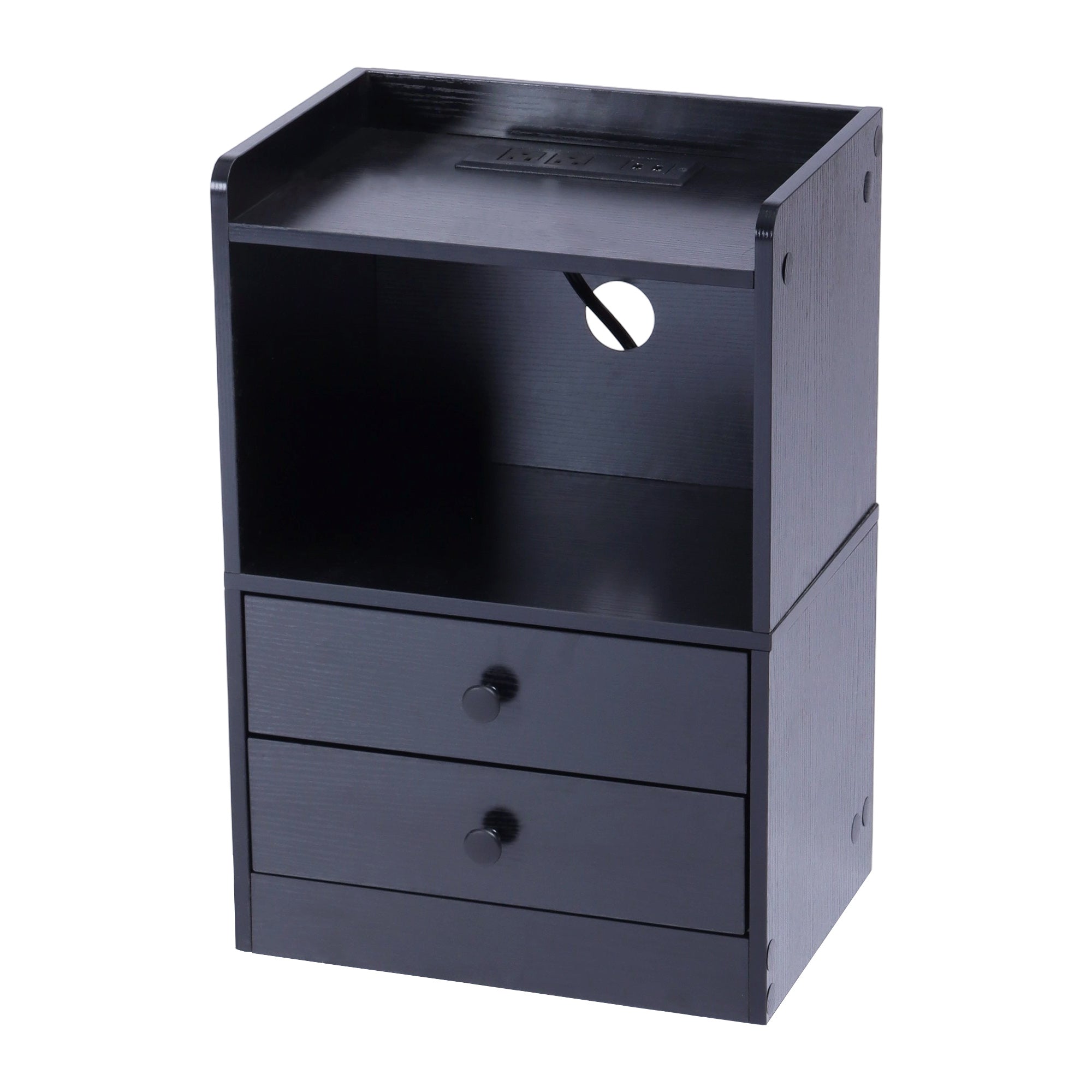 ORNN Nightstand with Charging Station, 2 Drawers, Open Shelf, Cable Port, Small Bedside Table, Black
