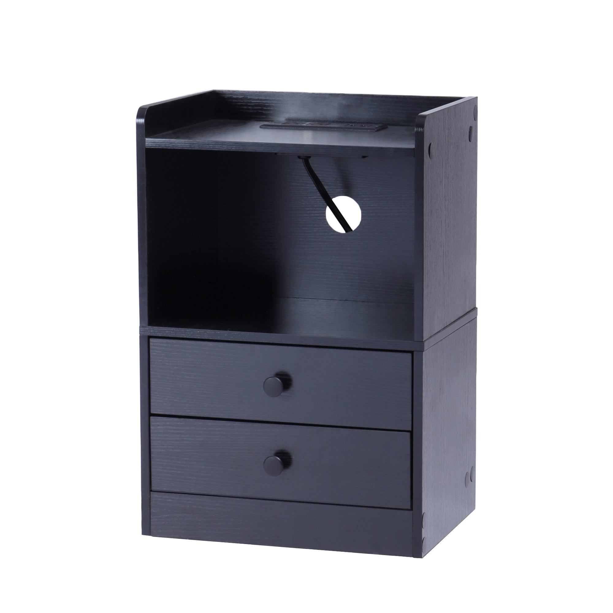 ORNN Nightstand with Charging Station, 2 Drawers, Open Shelf, Cable Port, Small Bedside Table, Black