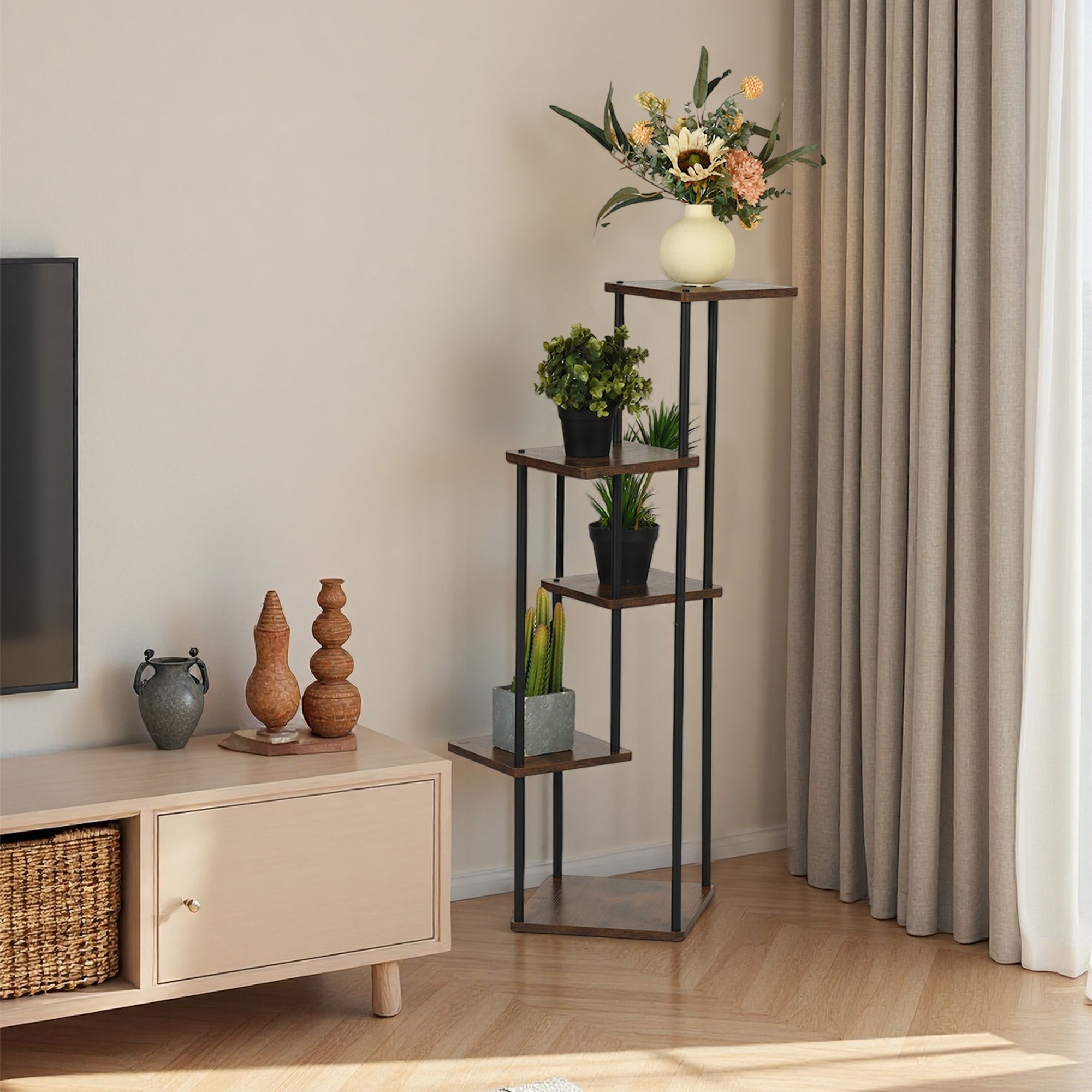 PLANN 5 Tier Plant Stand Rustic Brown Shelves Black Metal Frame Corner Display Tower for Living Room Bedroom Office