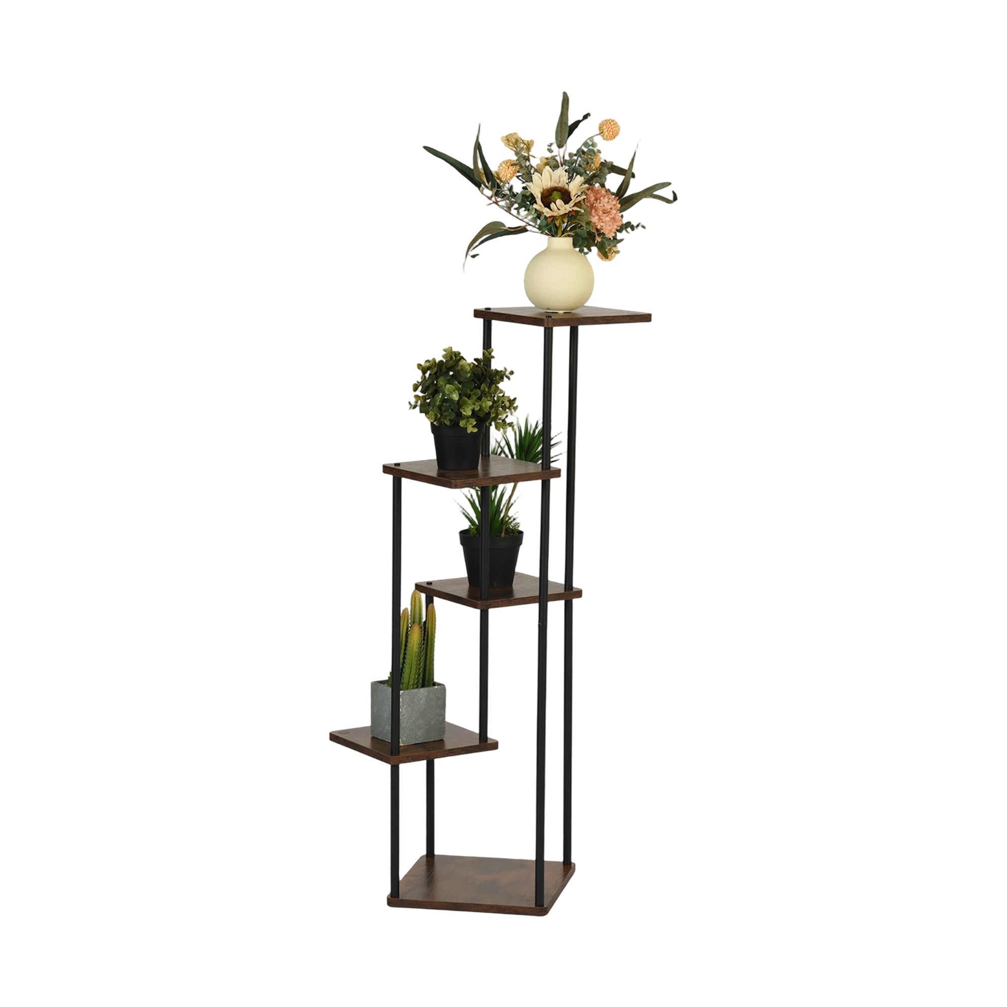 PLANN 5 Tier Plant Stand Rustic Brown Shelves Black Metal Frame Corner Display Tower for Living Room Bedroom Office