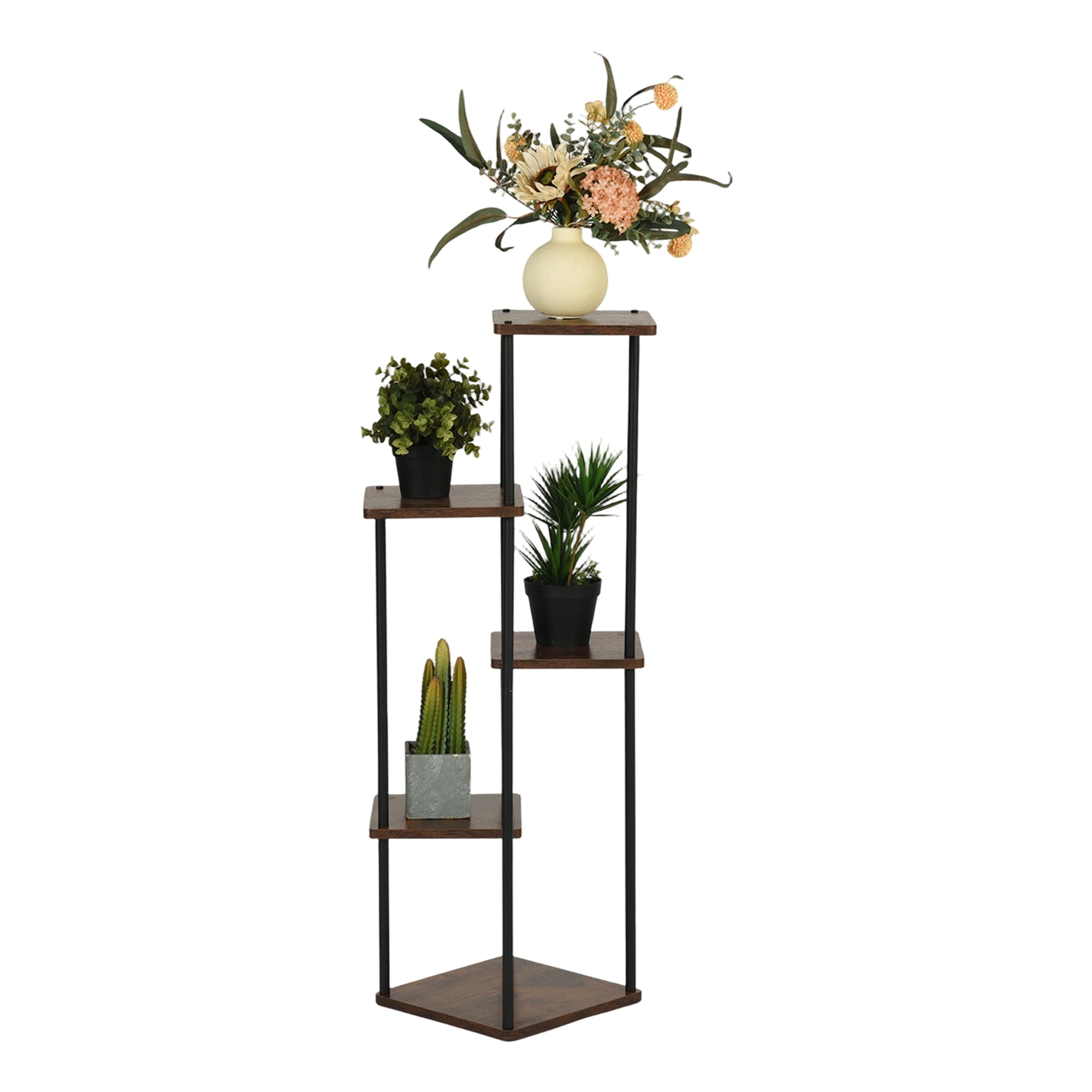 PLANN 5 Tier Plant Stand Rustic Brown Shelves Black Metal Frame Corner Display Tower for Living Room Bedroom Office
