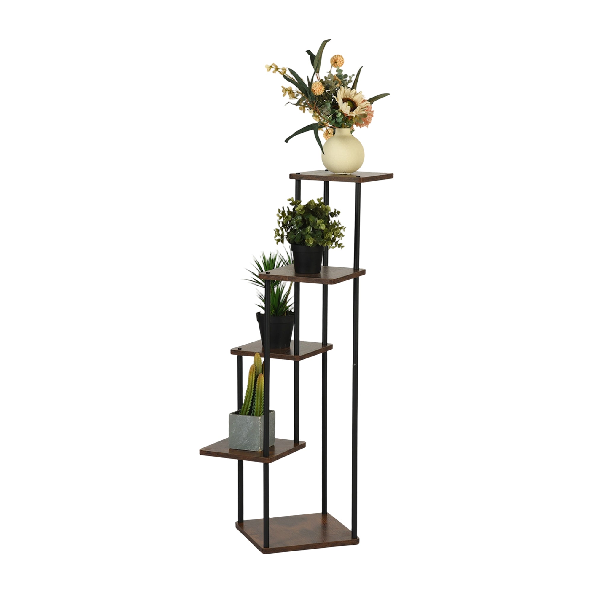 PLANN 5 Tier Plant Stand Rustic Brown Shelves Black Metal Frame Corner Display Tower for Living Room Bedroom Office