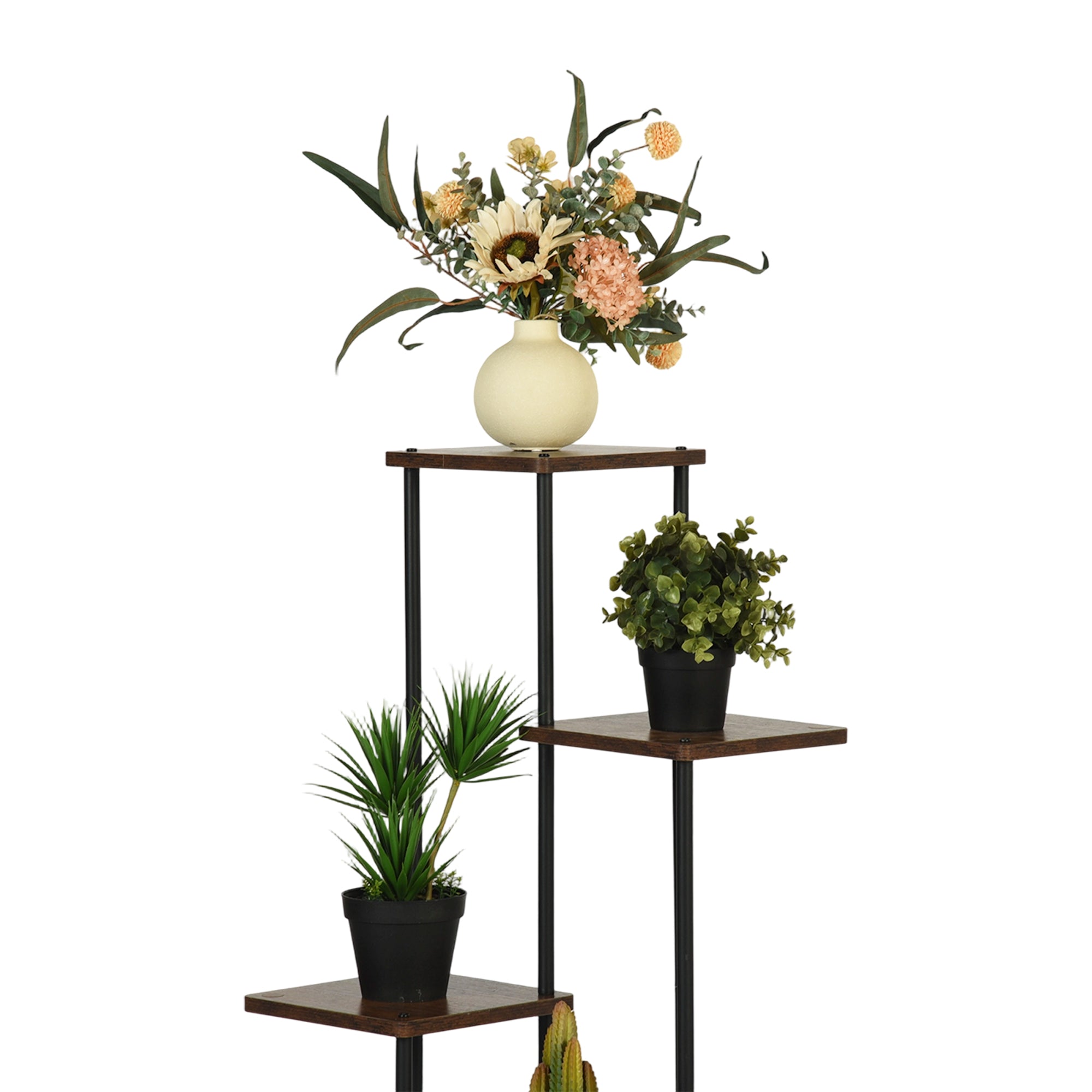 PLANN 5 Tier Plant Stand Rustic Brown Shelves Black Metal Frame Corner Display Tower for Living Room Bedroom Office