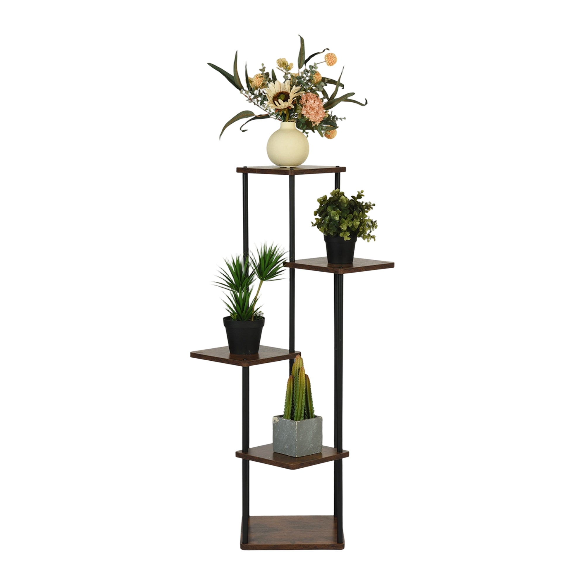 PLANN 5 Tier Plant Stand Rustic Brown Shelves Black Metal Frame Corner Display Tower for Living Room Bedroom Office