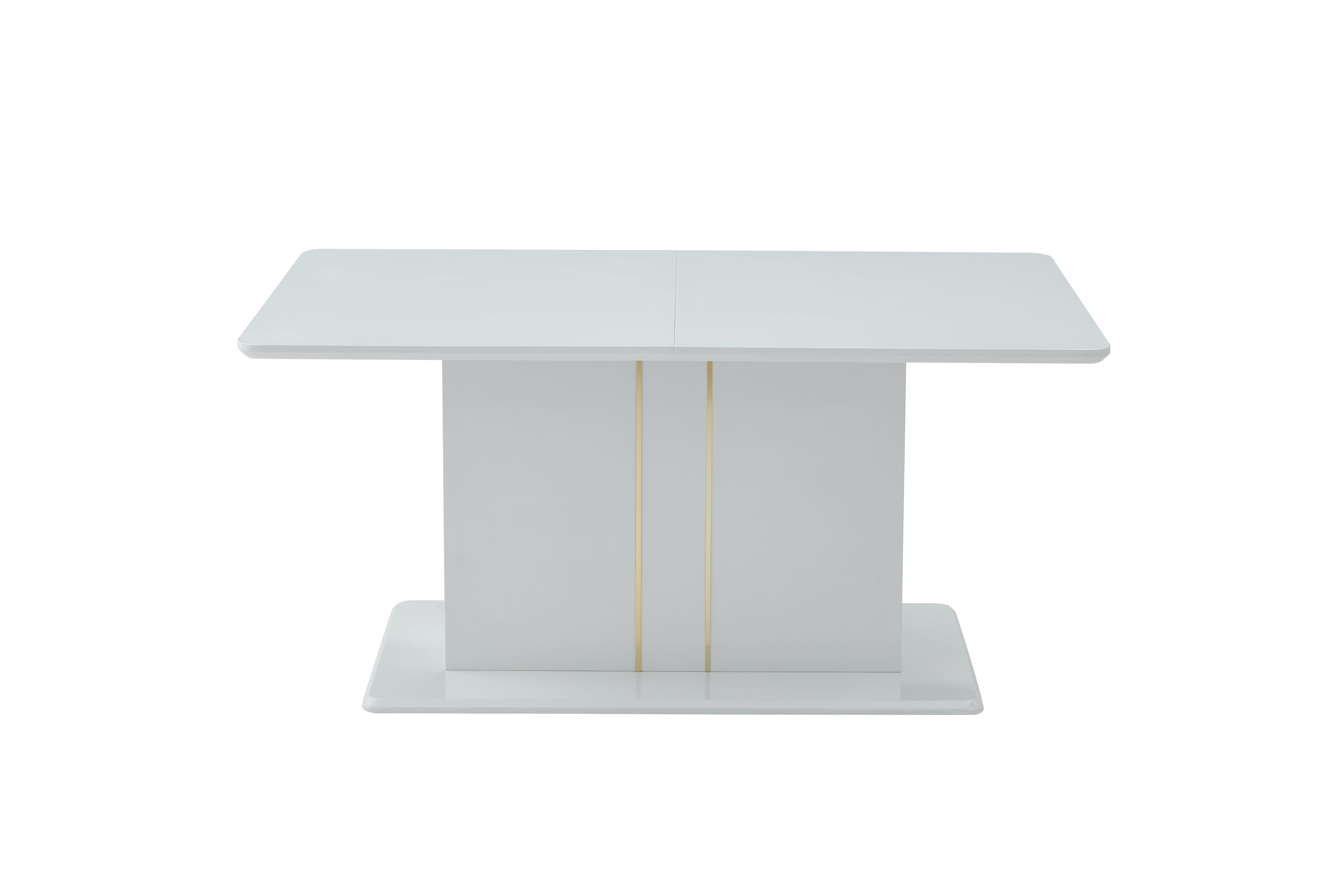 QUINBY High Gloss White Extendable Dining Table Pedestal Base Rounded Corners Modern Kitchen Table