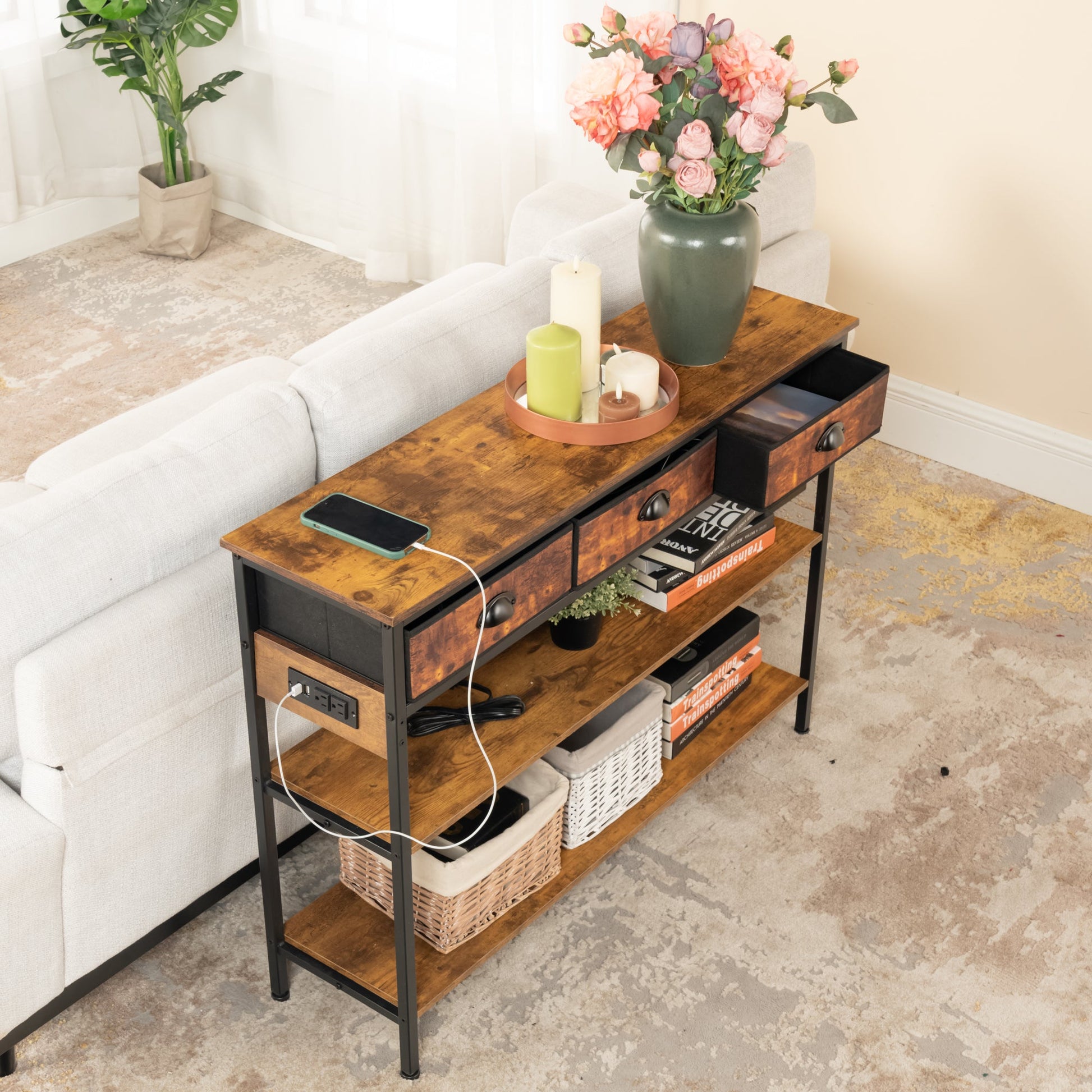 modern console desk, entryway table with storage drawers for home or office