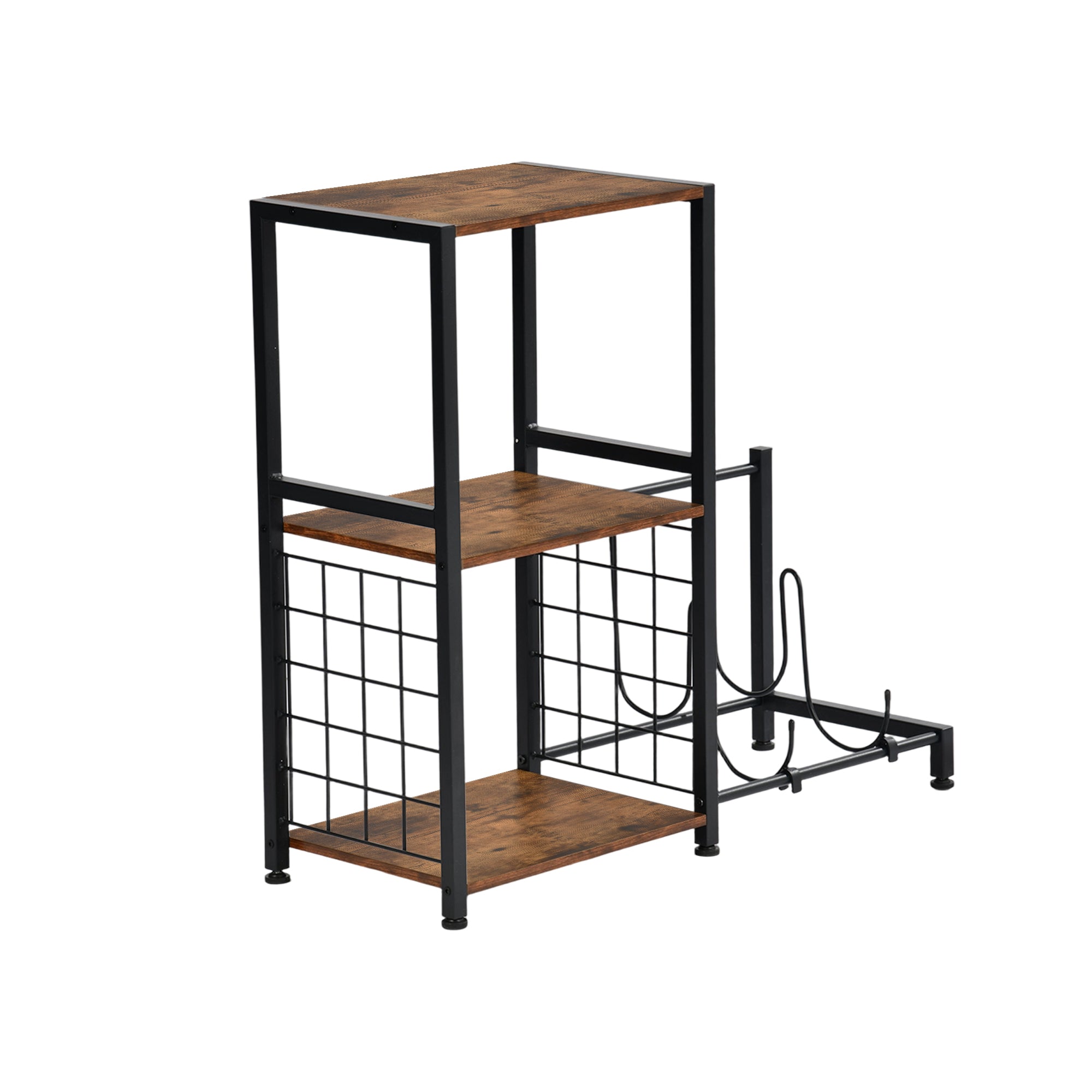 ROKER 3-Tier Bar Storage Shelf with Side Wine Rack, 31.5" Industrial Display Stand, Rustic Brown Wood Look and Black Metal for Kitchen, Dining, Living Room