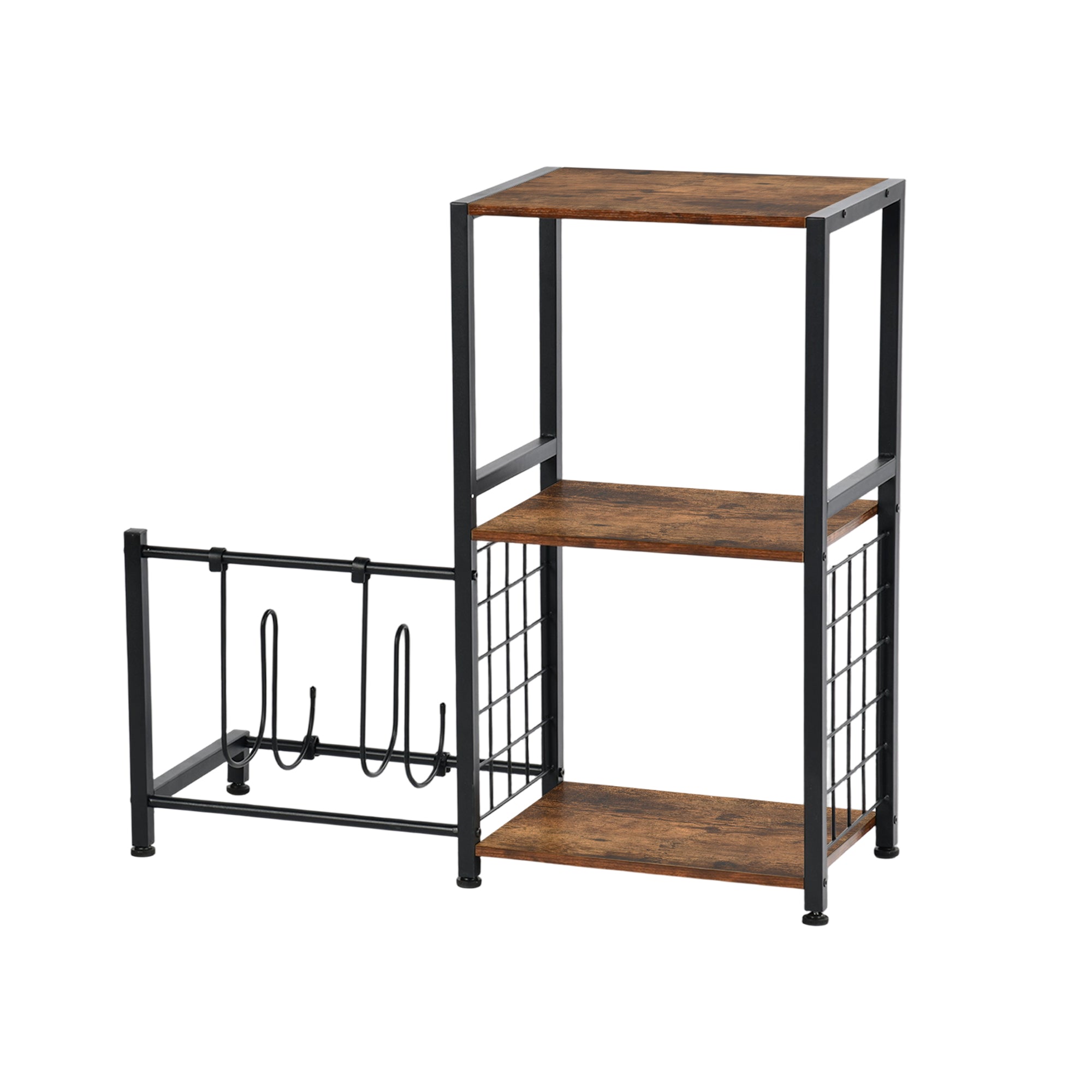 ROKER 3-Tier Bar Storage Shelf with Side Wine Rack, 31.5" Industrial Display Stand, Rustic Brown Wood Look and Black Metal for Kitchen, Dining, Living Room