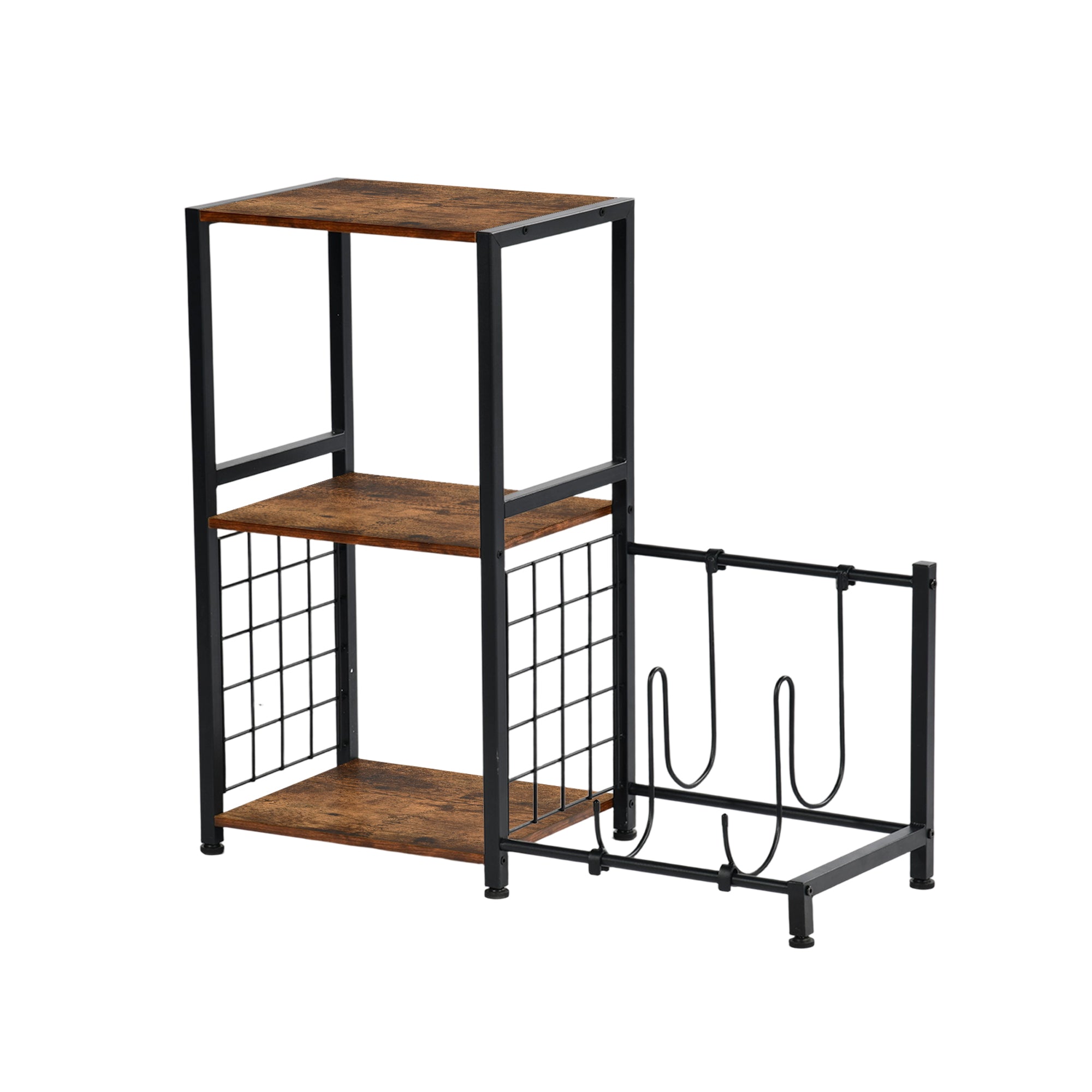 ROKER 3-Tier Bar Storage Shelf with Side Wine Rack, 31.5" Industrial Display Stand, Rustic Brown Wood Look and Black Metal for Kitchen, Dining, Living Room