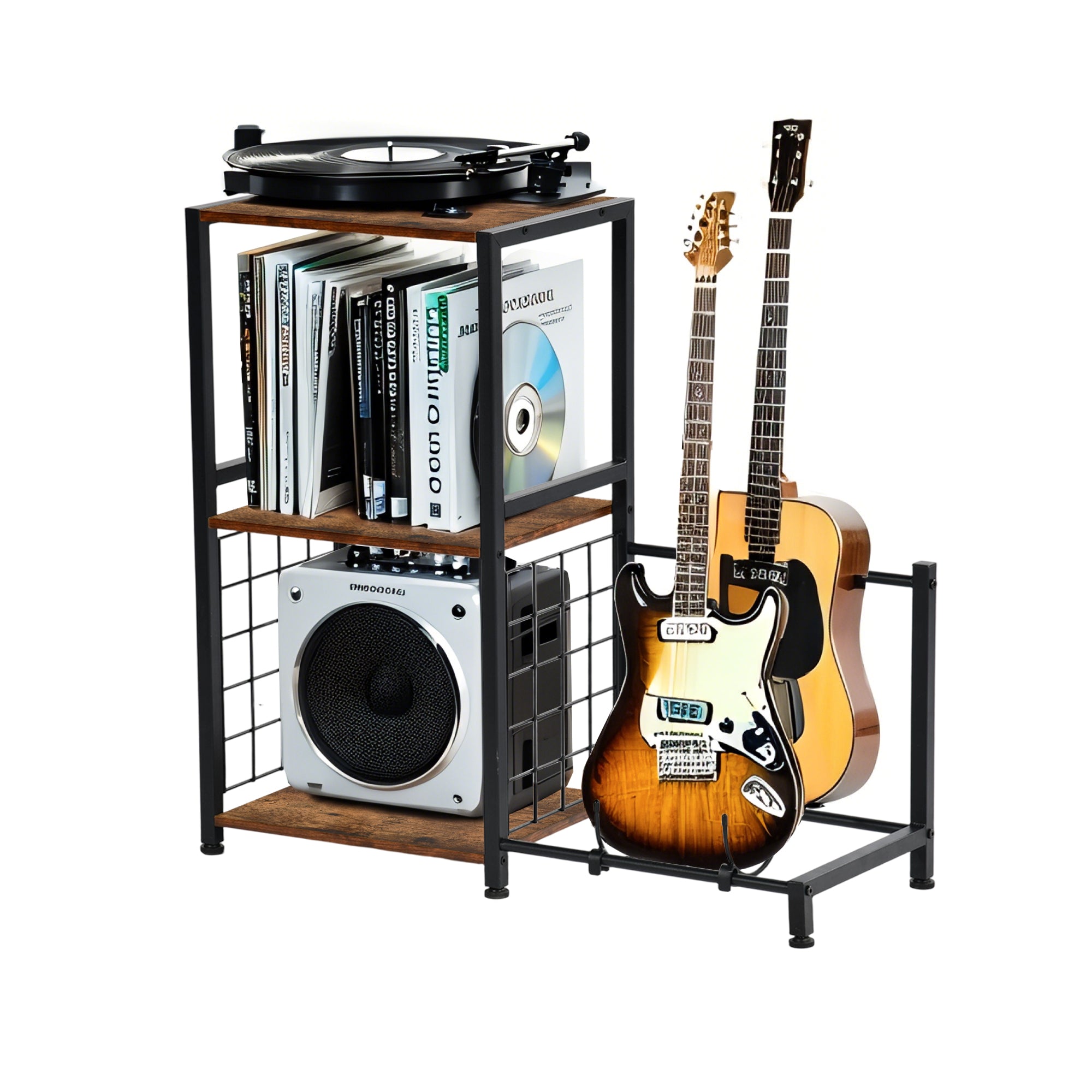 ROKER 3-Tier Bar Storage Shelf with Side Wine Rack, 31.5" Industrial Display Stand, Rustic Brown Wood Look and Black Metal for Kitchen, Dining, Living Room