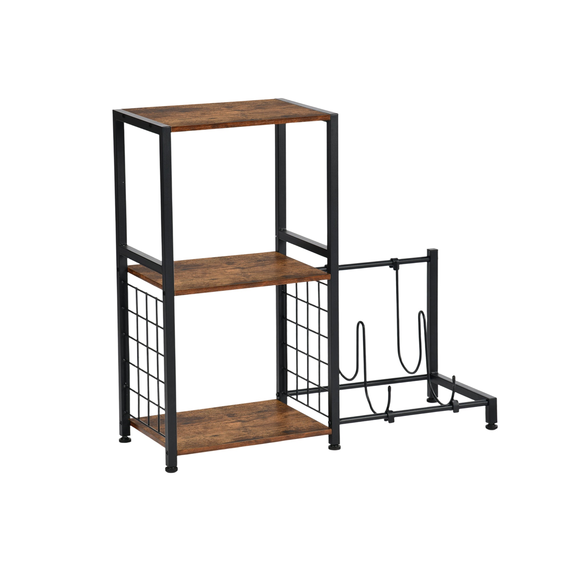 ROKER 3-Tier Bar Storage Shelf with Side Wine Rack, 31.5" Industrial Display Stand, Rustic Brown Wood Look and Black Metal for Kitchen, Dining, Living Room