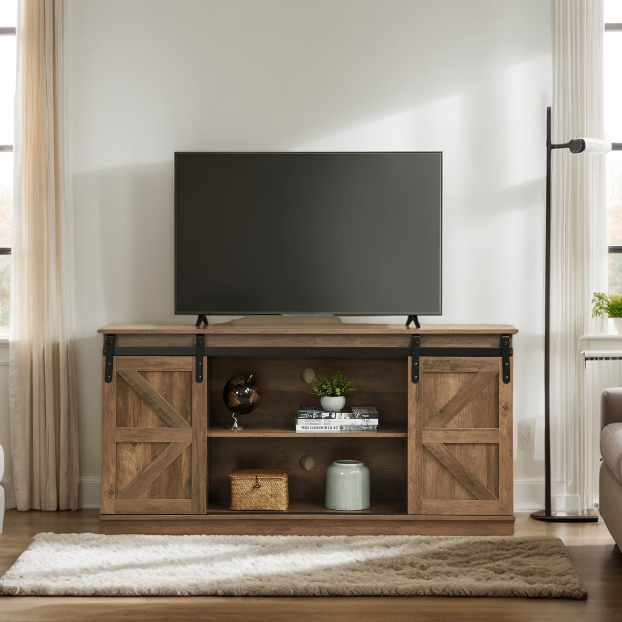 Antwerp 58" Farmhouse TV Stand with Sliding Barn Doors in Rustic Brow