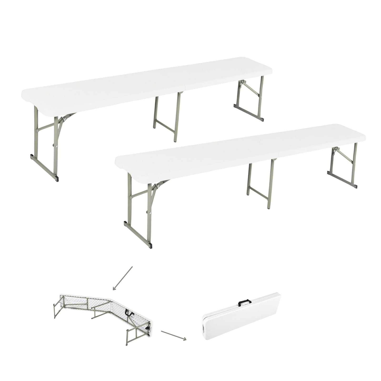 YIKA 6 Foot Folding Benches Set of 2 Portable Plastic Benches with Carry Handle Indoor Outdoor Seating White