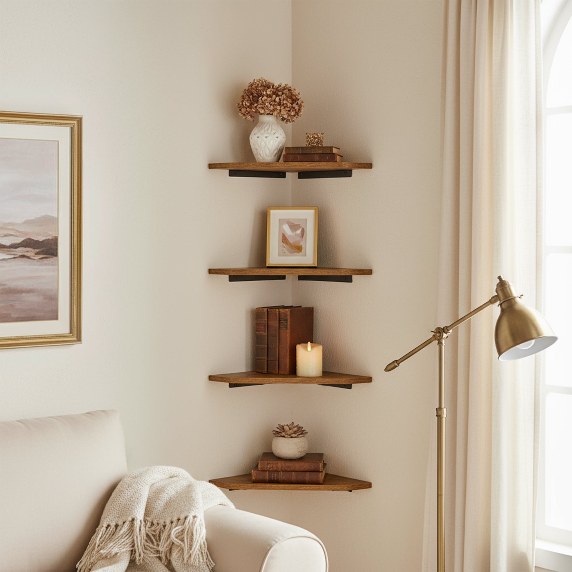SCOUNT Corner Floating Shelves Set of 4 Rustic Brown Wall Shelves with Black Metal Brackets for Bathroom Bedroom Kitchen