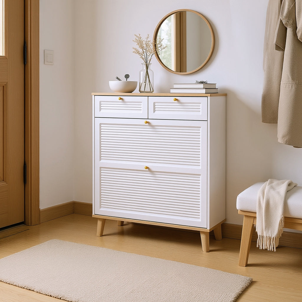 Ruvo Modern Shoe Cabinet with Flip-Up Doors, 31.5" Wide, White & Natural