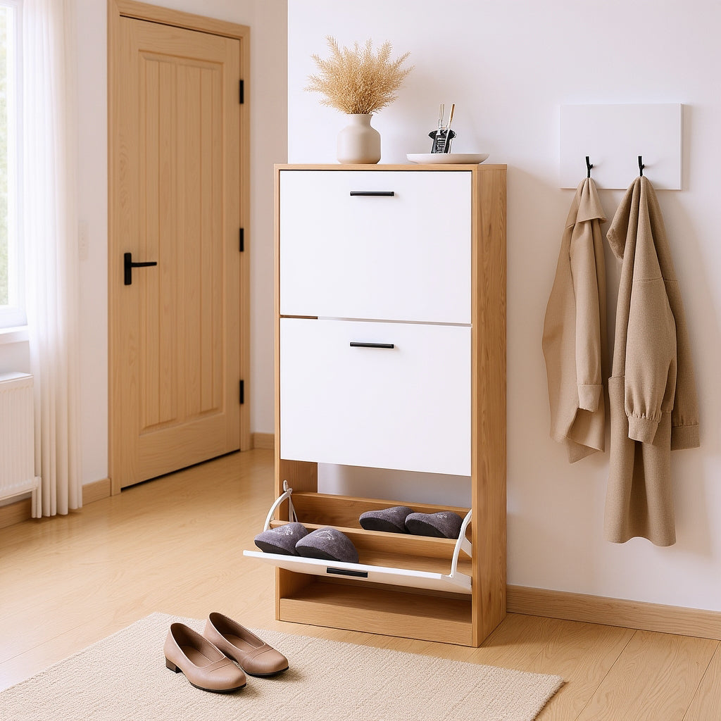 Liora Modern Shoe Cabinet with 3 Tilt-Out Drawers, White & Natural