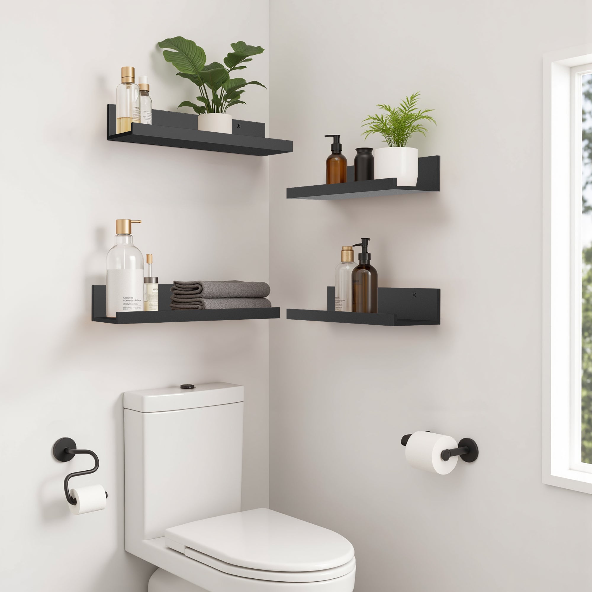 Tabby Floating Shelves, Metal Wall Mounted Ledge, Matte Black, Set of 4 for Living Room Bedroom Bathroom