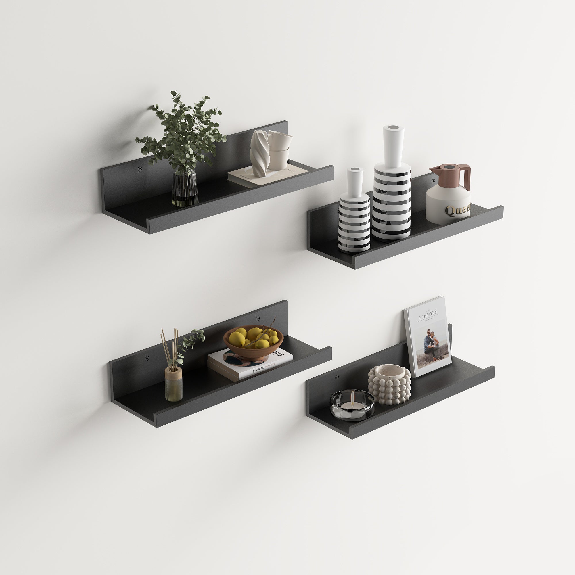 Tabby Floating Shelves, Metal Wall Mounted Ledge, Matte Black, Set of 4 for Living Room Bedroom Bathroom