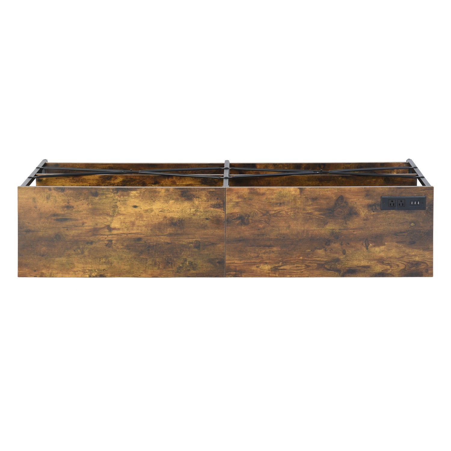 TARYN Extra Long Console Table with Outlet 3 Tier Industrial TV Stand Media Console Rustic Brown Top Black Steel Frame