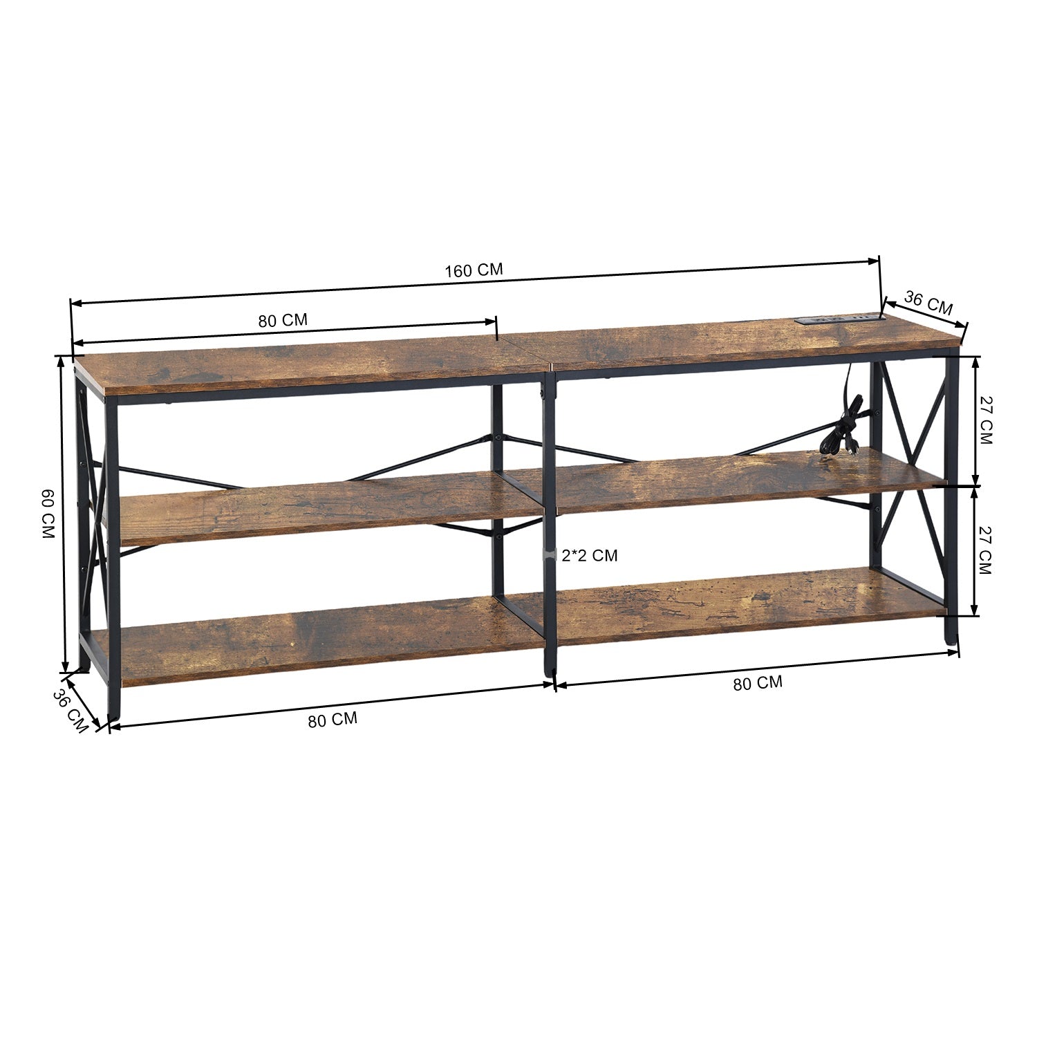 TARYN Extra Long Console Table with Outlet 3 Tier Industrial TV Stand Media Console Rustic Brown Top Black Steel Frame