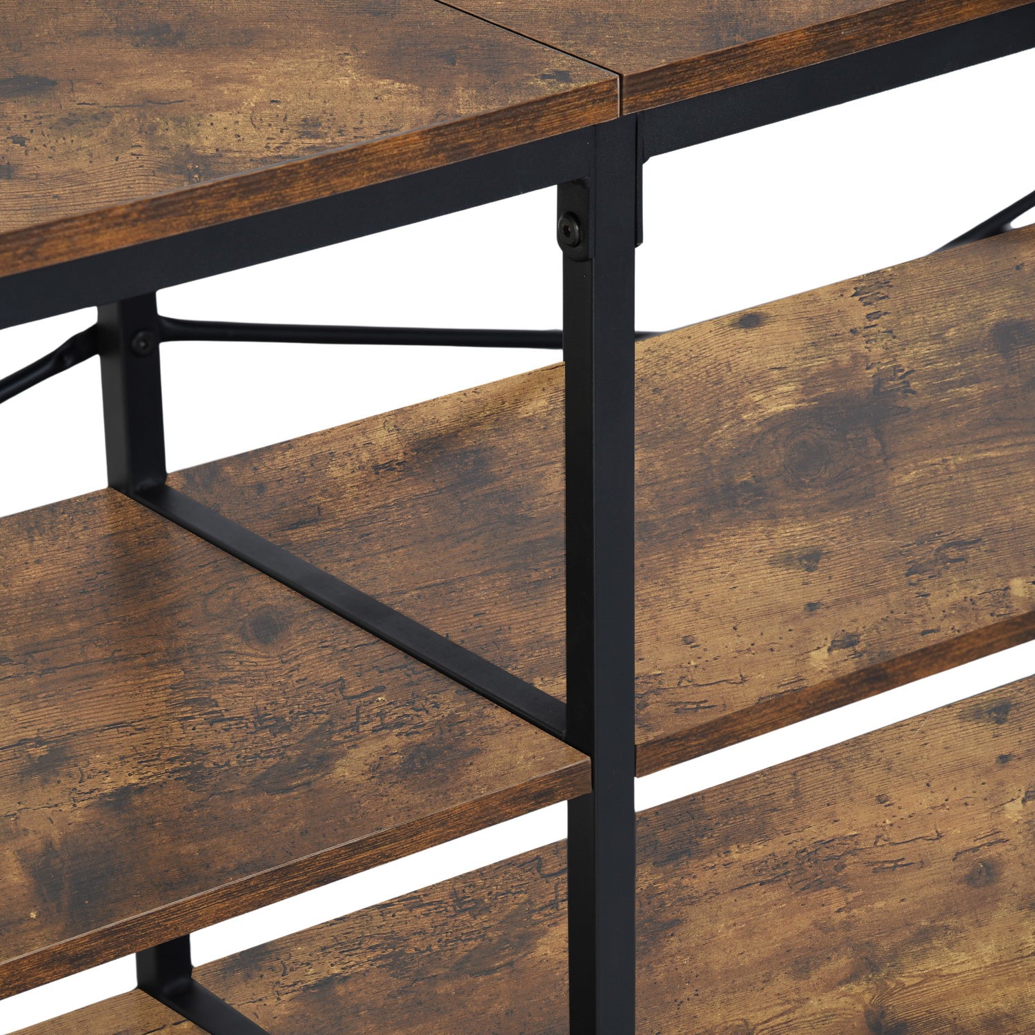 TARYN Extra Long Console Table with Outlet 3 Tier Industrial TV Stand Media Console Rustic Brown Top Black Steel Frame