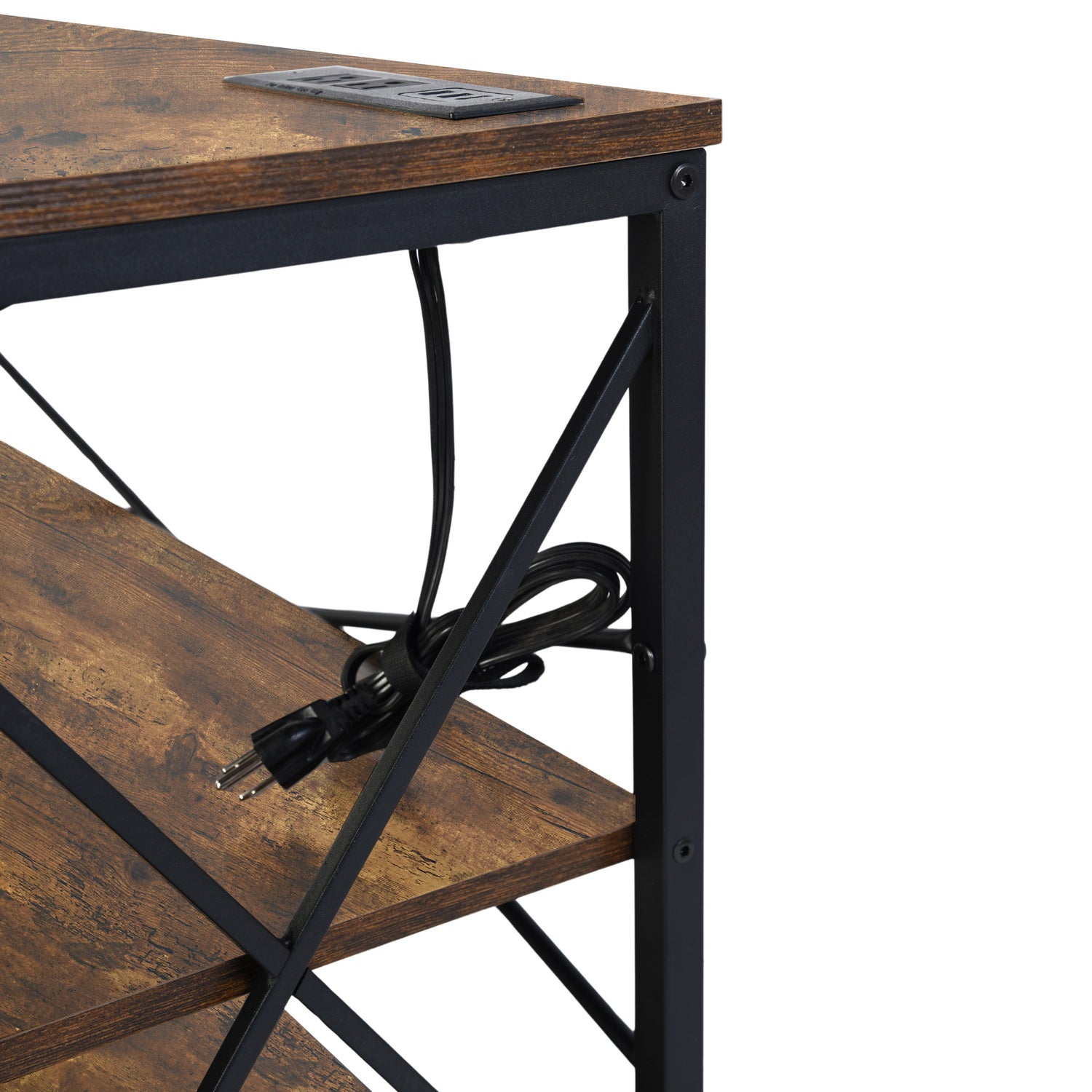 TARYN Extra Long Console Table with Outlet 3 Tier Industrial TV Stand Media Console Rustic Brown Top Black Steel Frame