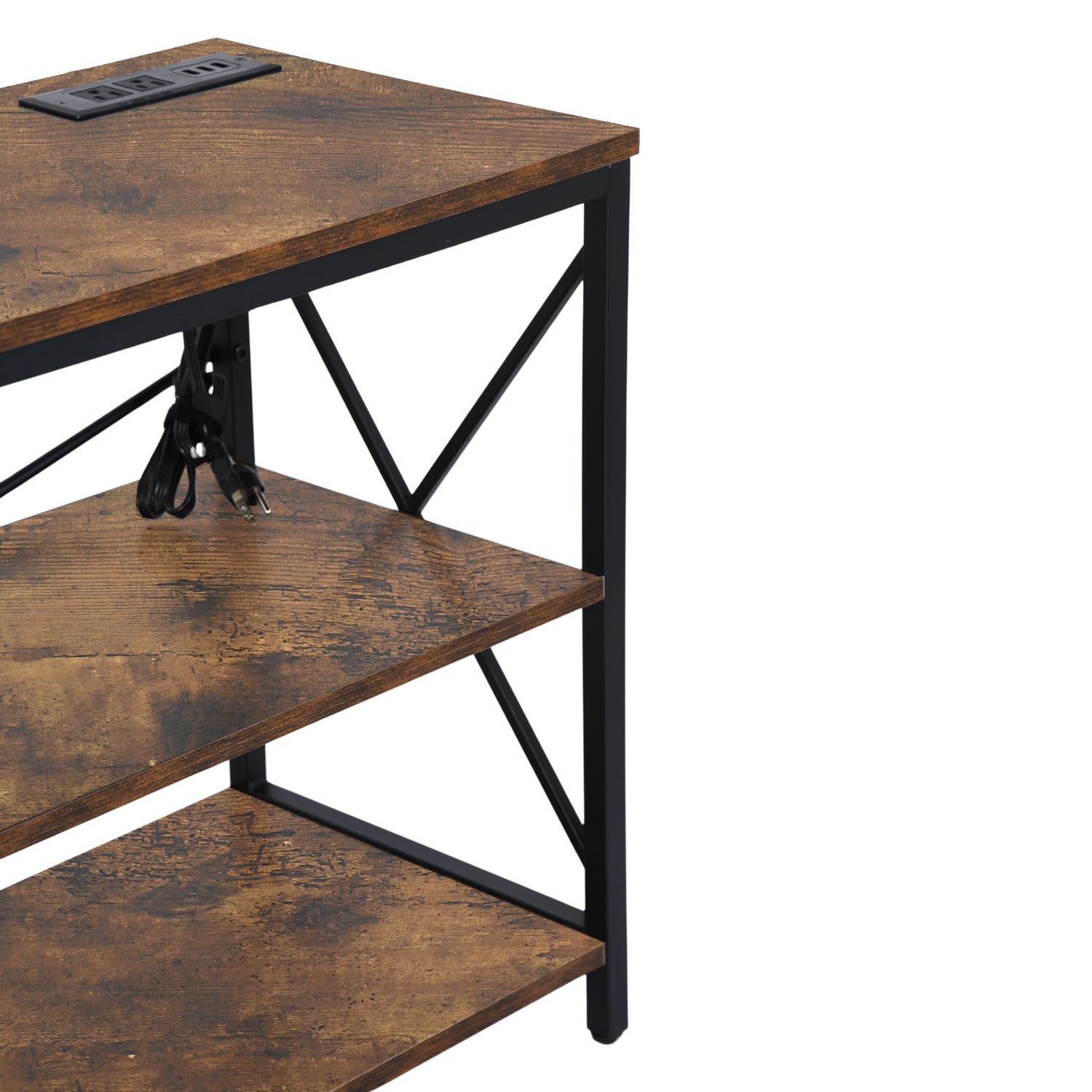 TARYN Extra Long Console Table with Outlet 3 Tier Industrial TV Stand Media Console Rustic Brown Top Black Steel Frame