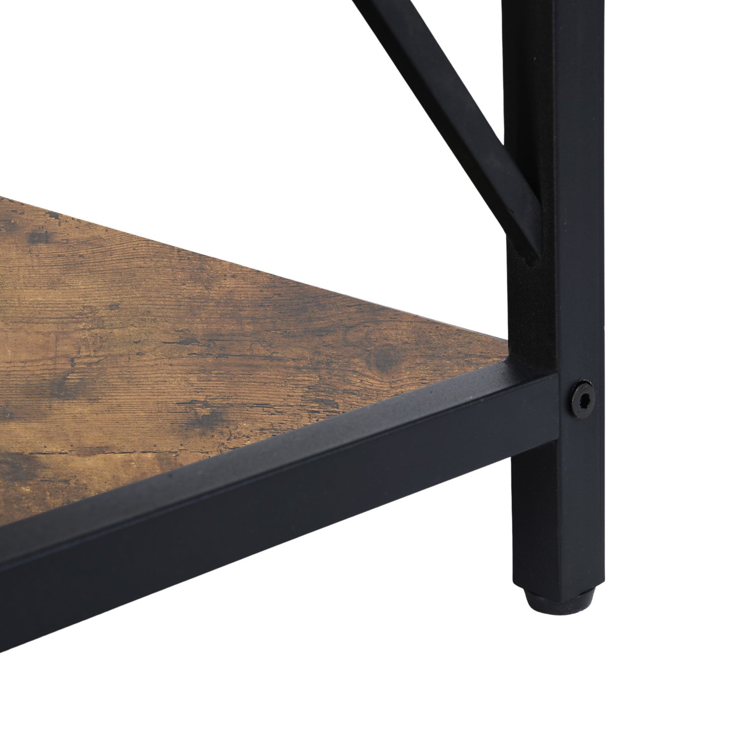 TARYN Extra Long Console Table with Outlet 3 Tier Industrial TV Stand Media Console Rustic Brown Top Black Steel Frame
