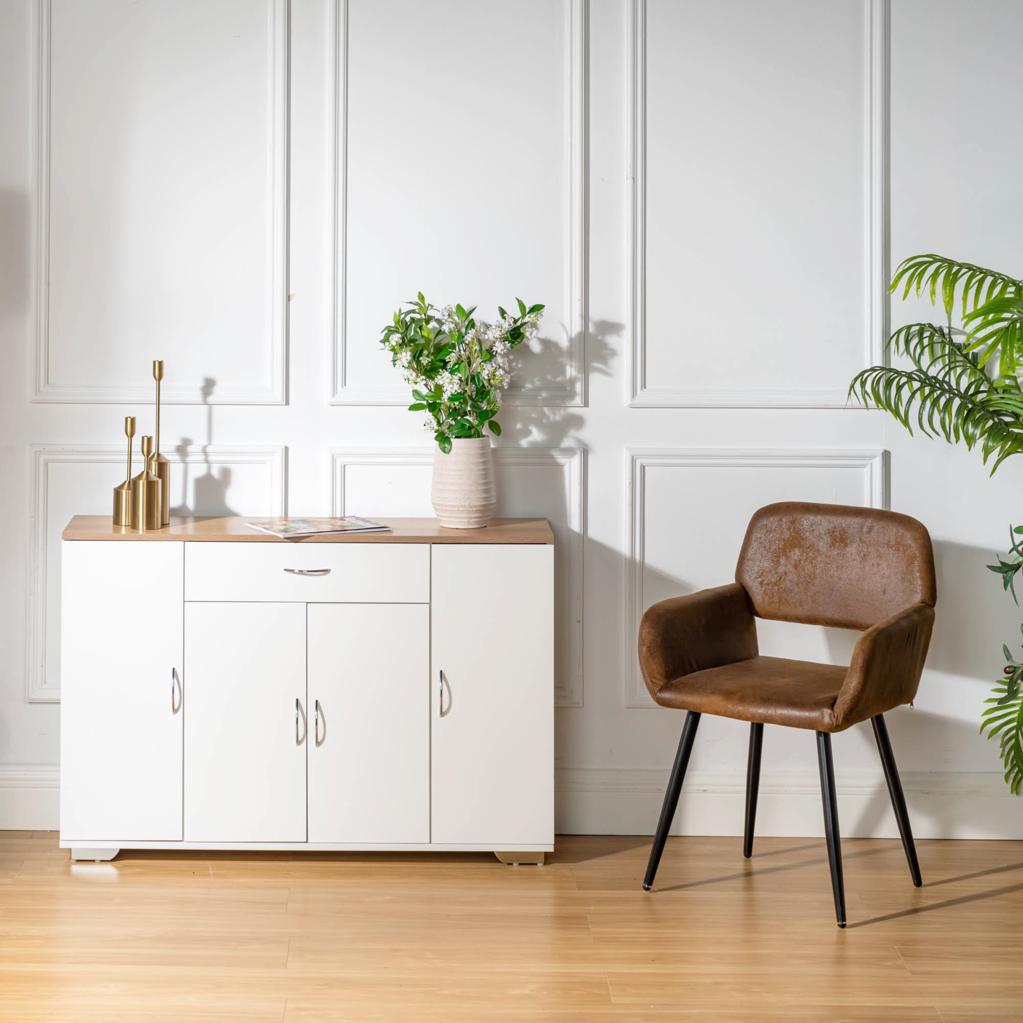 BAFFI White Sideboard Buffet Cabinet with Drawer and 4 Doors, Oak Look Top, Living Room Dining Storage