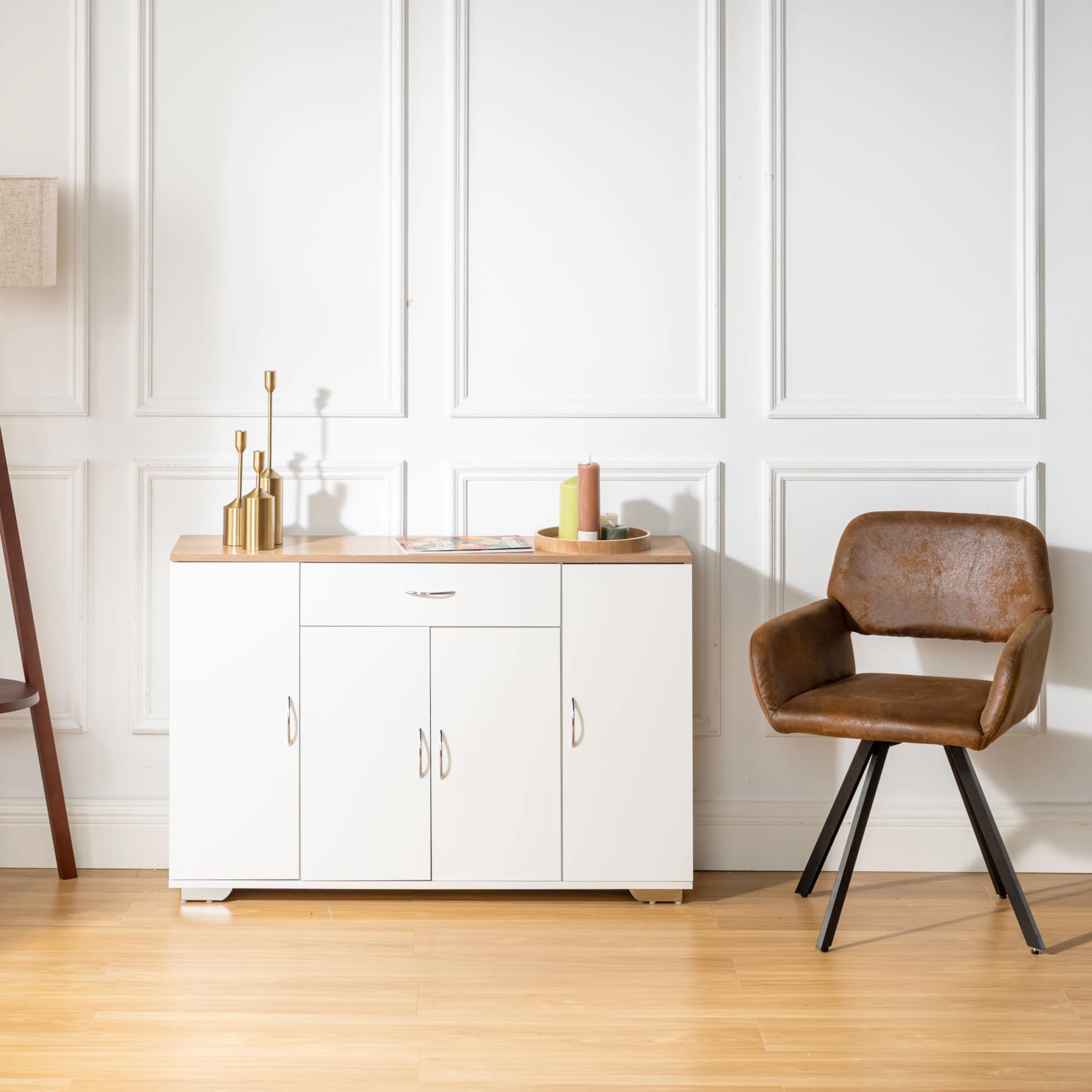 BAFFI White Sideboard Buffet Cabinet with Drawer and 4 Doors, Oak Look Top, Living Room Dining Storage
