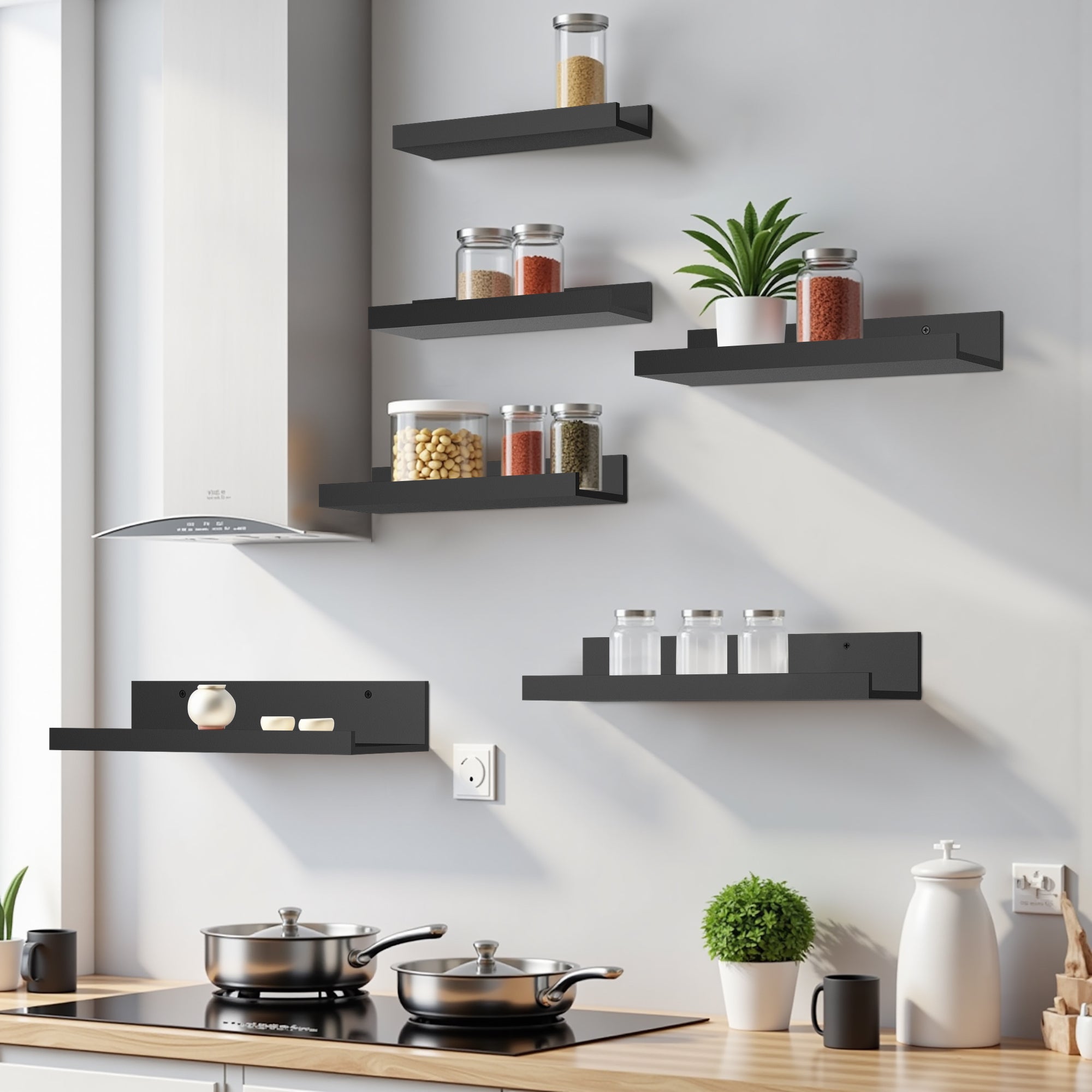 UDAY Black Picture Ledge Shelves Set of 6 Wall Mounted Display Shelves with Front Lip for Living Room Bedroom Nursery