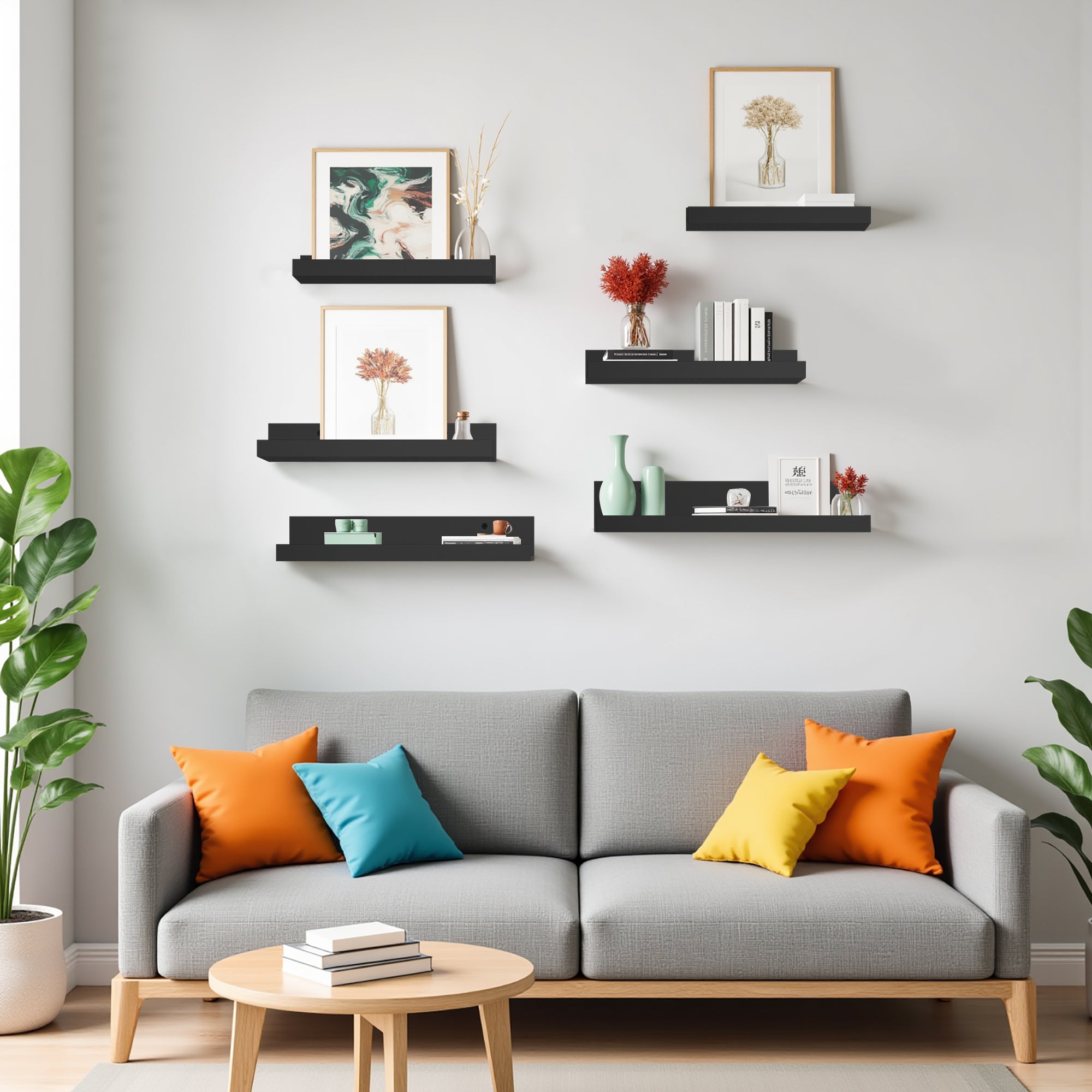 UDAY Black Picture Ledge Shelves Set of 6 Wall Mounted Display Shelves with Front Lip for Living Room Bedroom Nursery