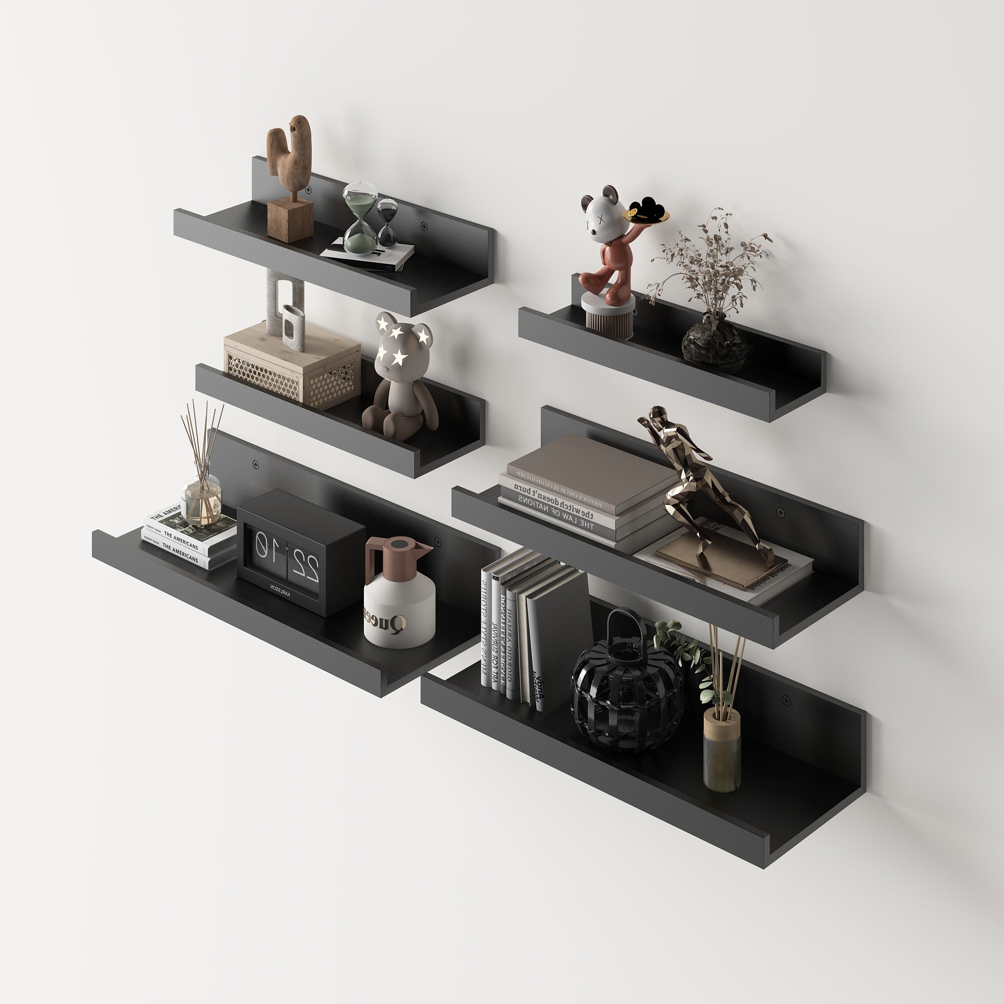 UDAY Black Picture Ledge Shelves Set of 6 Wall Mounted Display Shelves with Front Lip for Living Room Bedroom Nursery