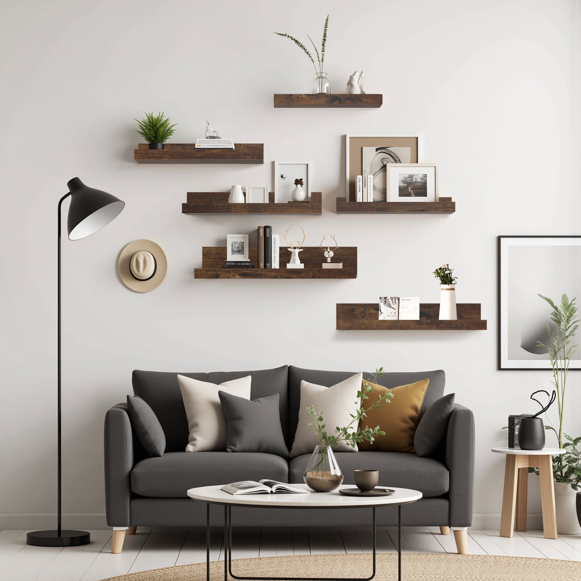UDAY Picture Ledge Shelves Set of 6 Rustic Brown Wall Mounted Display Shelves with Front Lip for Living Room Bedroom