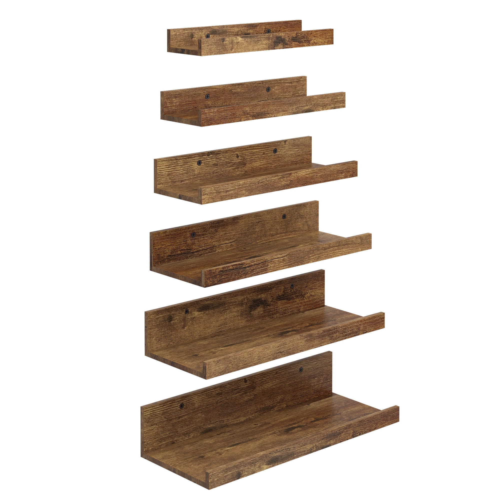 UDAY Picture Ledge Shelves Set of 6 Rustic Brown Wall Mounted Display Shelves with Front Lip for Living Room Bedroom