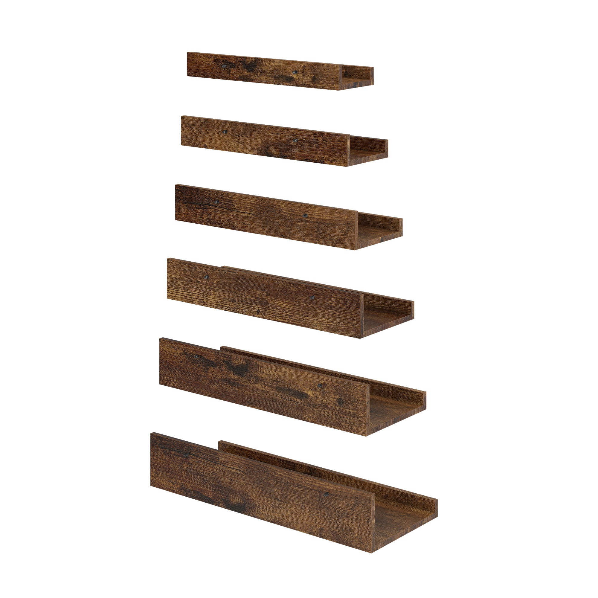 UDAY Picture Ledge Shelves Set of 6 Rustic Brown Wall Mounted Display Shelves with Front Lip for Living Room Bedroom