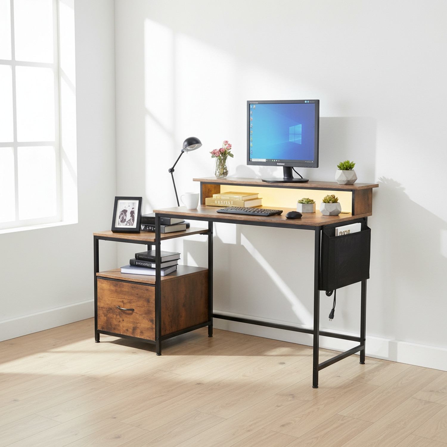URGOTH Computer Desk with Monitor Shelf, Drawer and Side Storage, Rustic Brown/Black, Charging Station