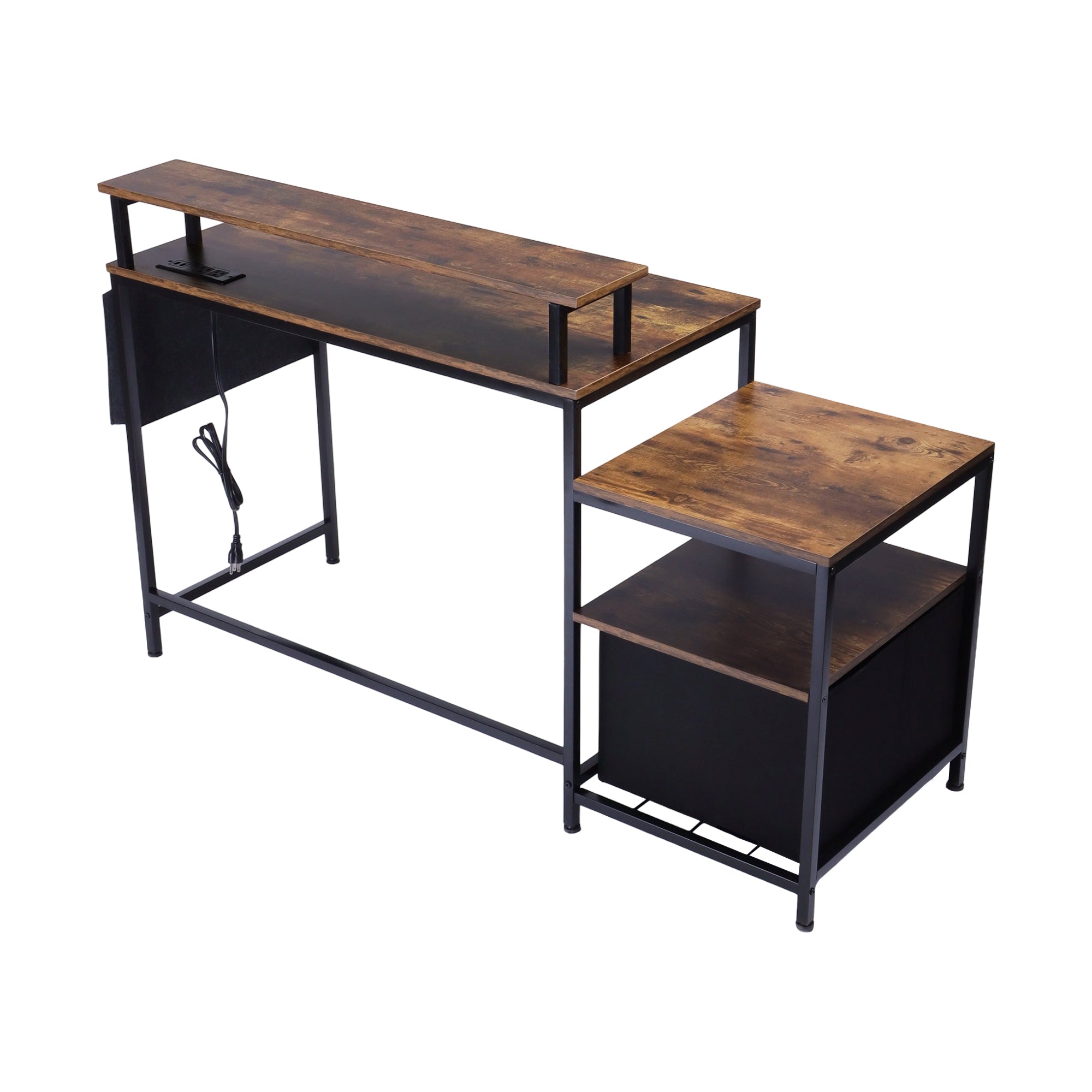 URGOTH Computer Desk with Monitor Shelf, Drawer and Side Storage, Rustic Brown/Black, Charging Station