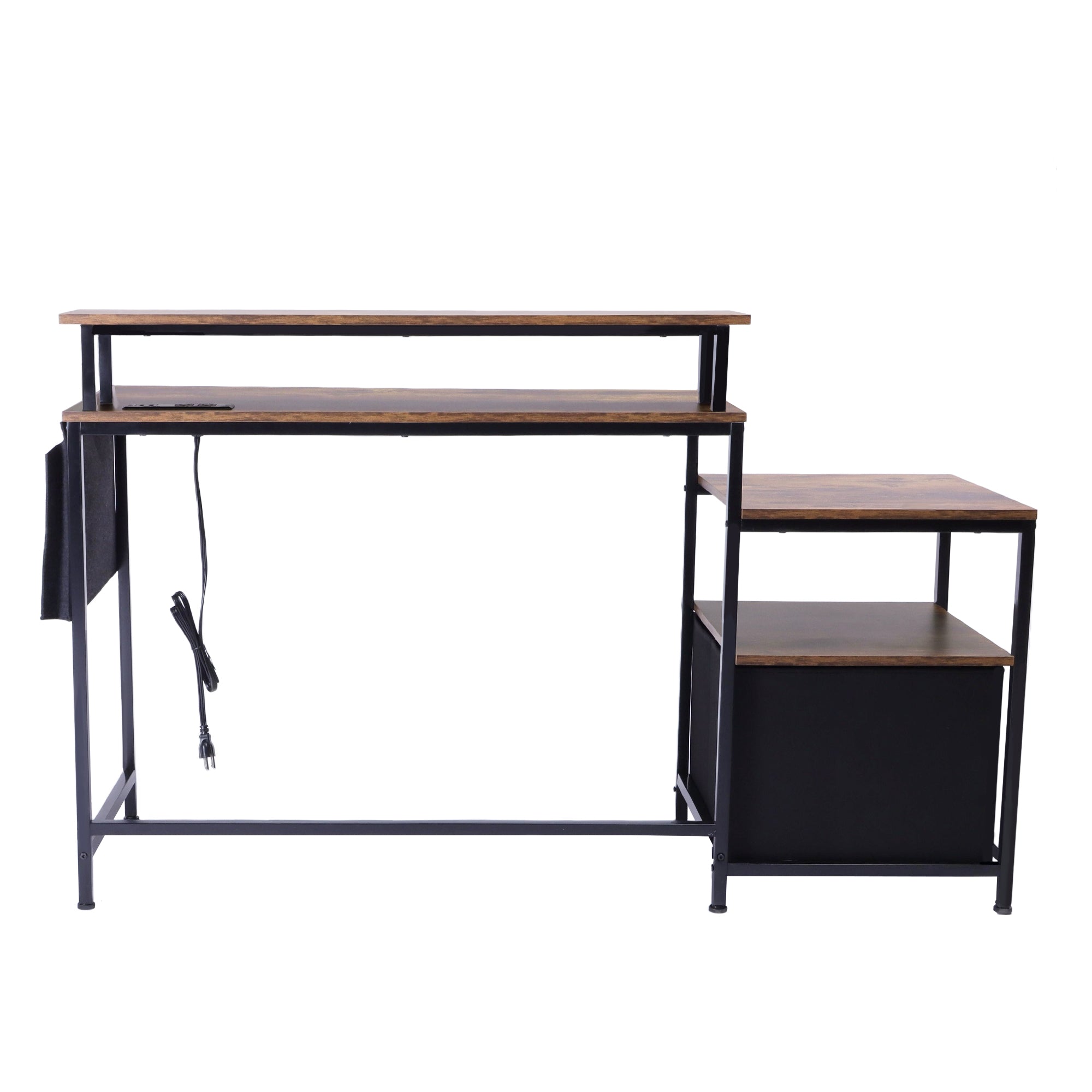 URGOTH Computer Desk with Monitor Shelf, Drawer and Side Storage, Rustic Brown/Black, Charging Station