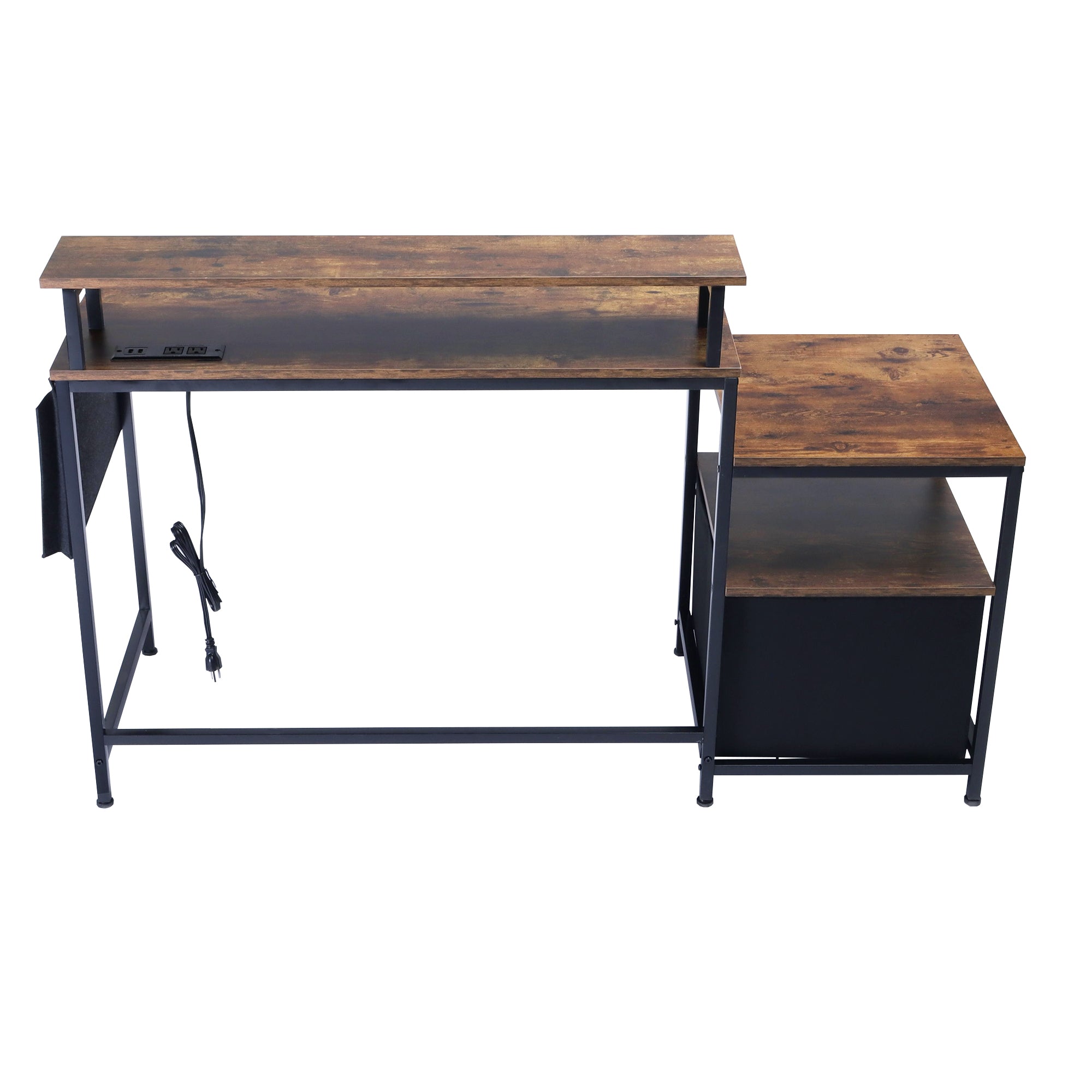 URGOTH Computer Desk with Monitor Shelf, Drawer and Side Storage, Rustic Brown/Black, Charging Station
