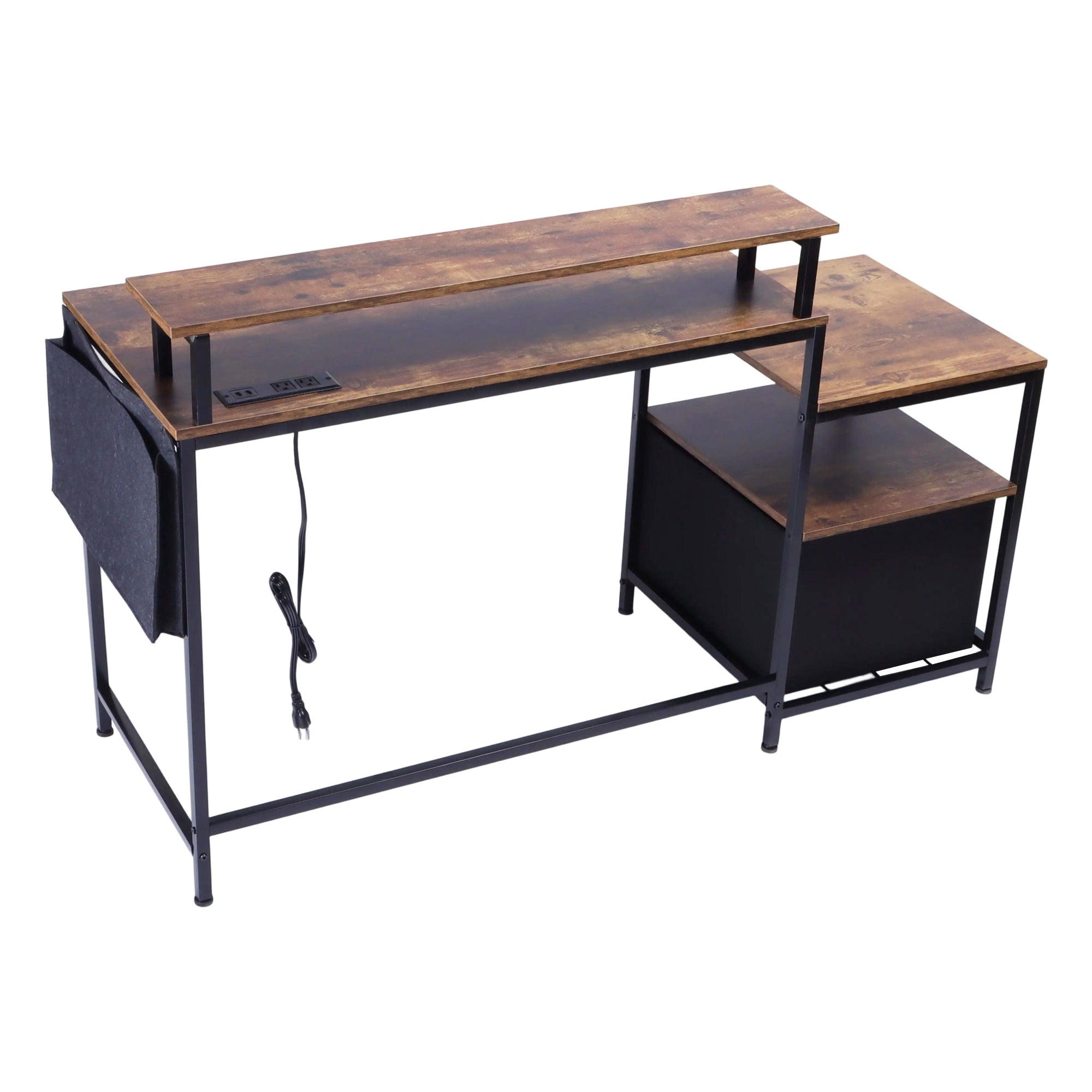 URGOTH Computer Desk with Monitor Shelf, Drawer and Side Storage, Rustic Brown/Black, Charging Station