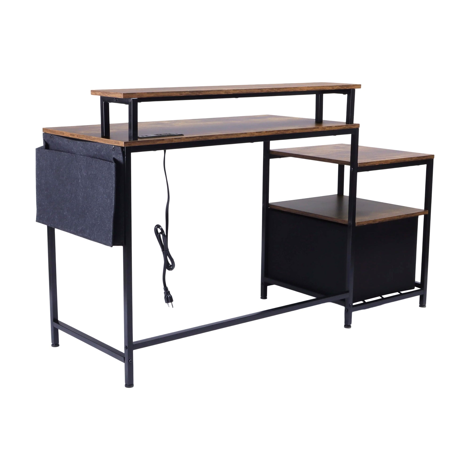 URGOTH Computer Desk with Monitor Shelf, Drawer and Side Storage, Rustic Brown/Black, Charging Station