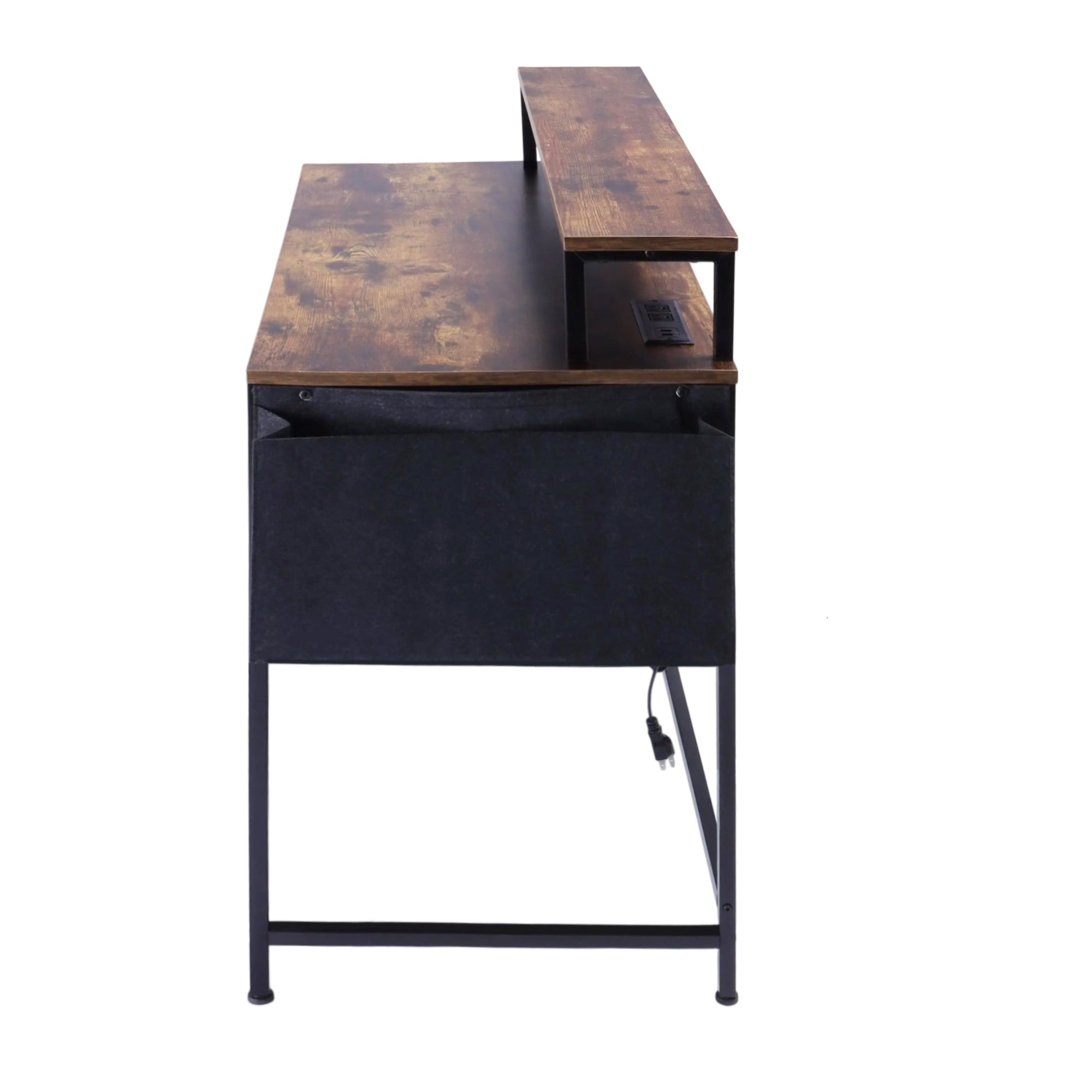 URGOTH Computer Desk with Monitor Shelf, Drawer and Side Storage, Rustic Brown/Black, Charging Station