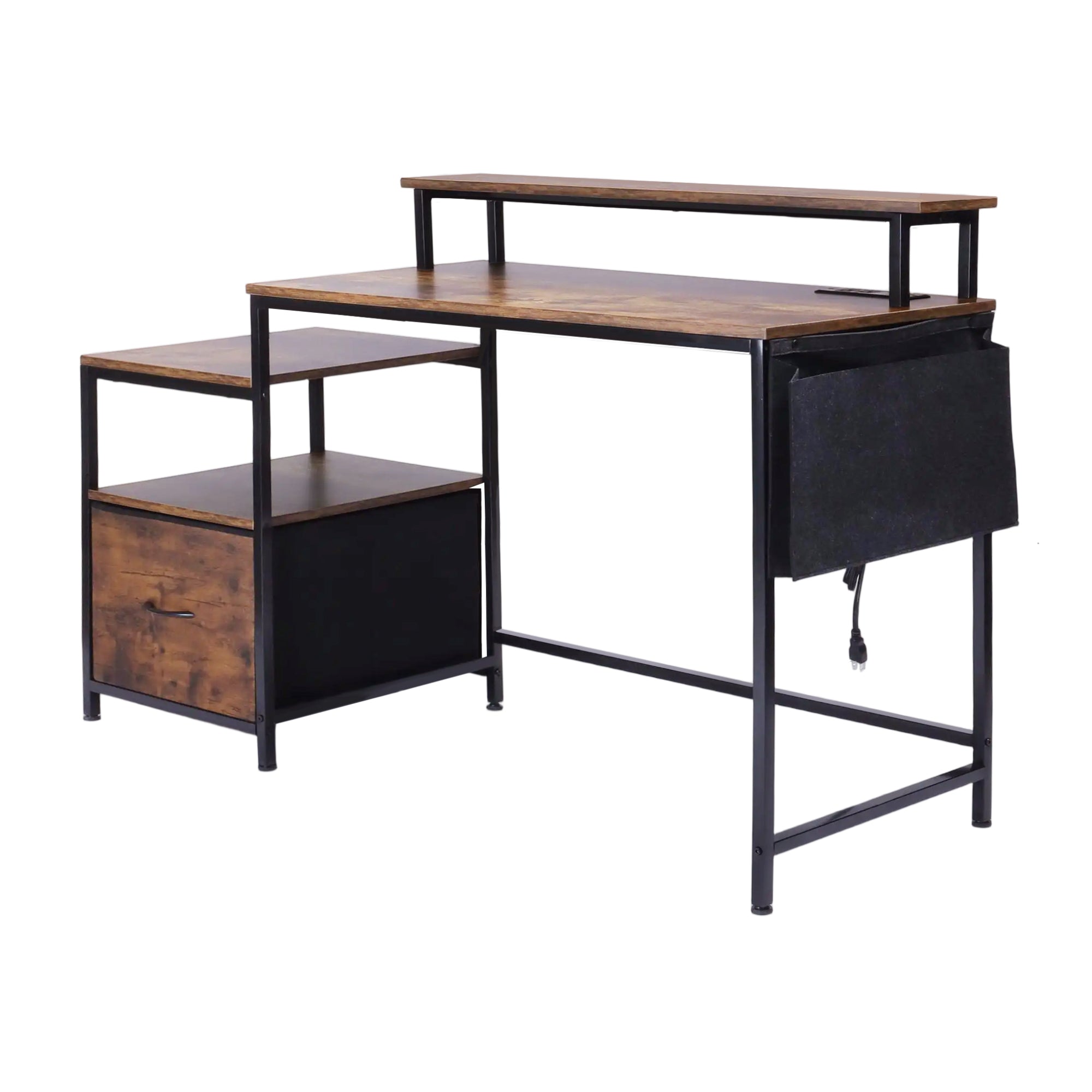 URGOTH Computer Desk with Monitor Shelf, Drawer and Side Storage, Rustic Brown/Black, Charging Station