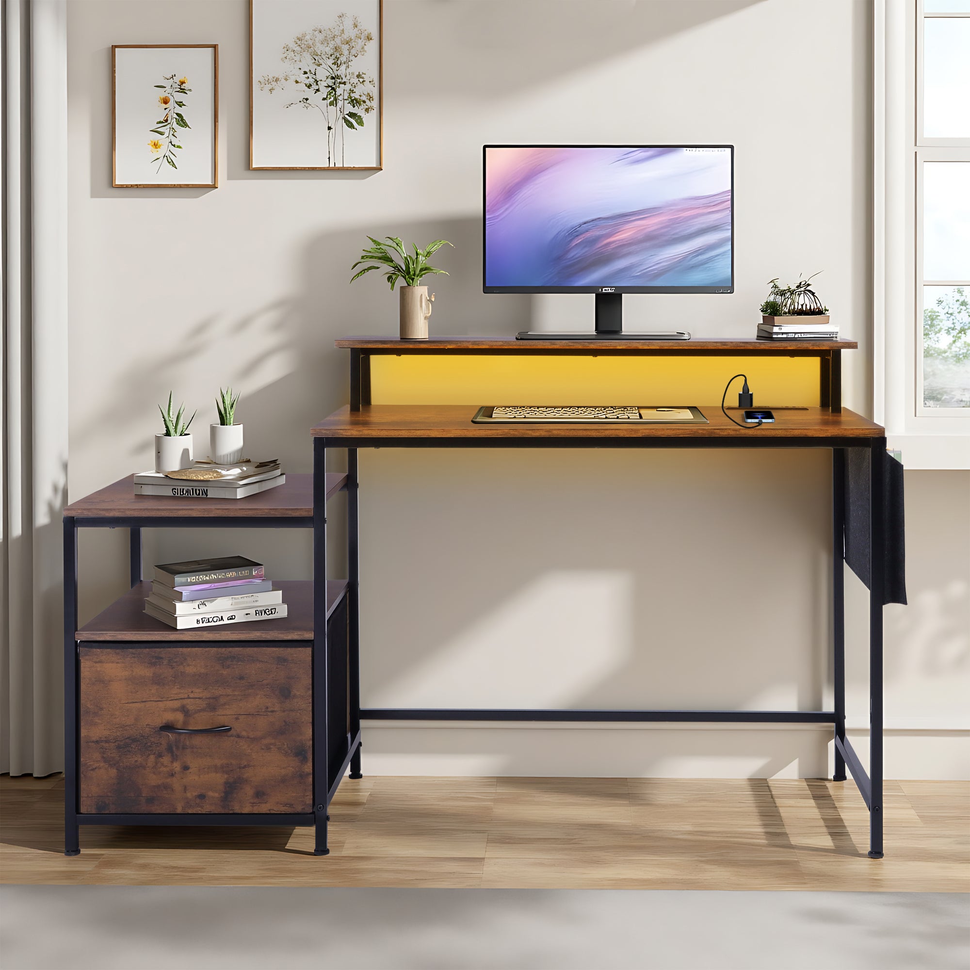 URGOTH Computer Desk with Monitor Shelf, Drawer and Side Storage, Rustic Brown/Black, Charging Station