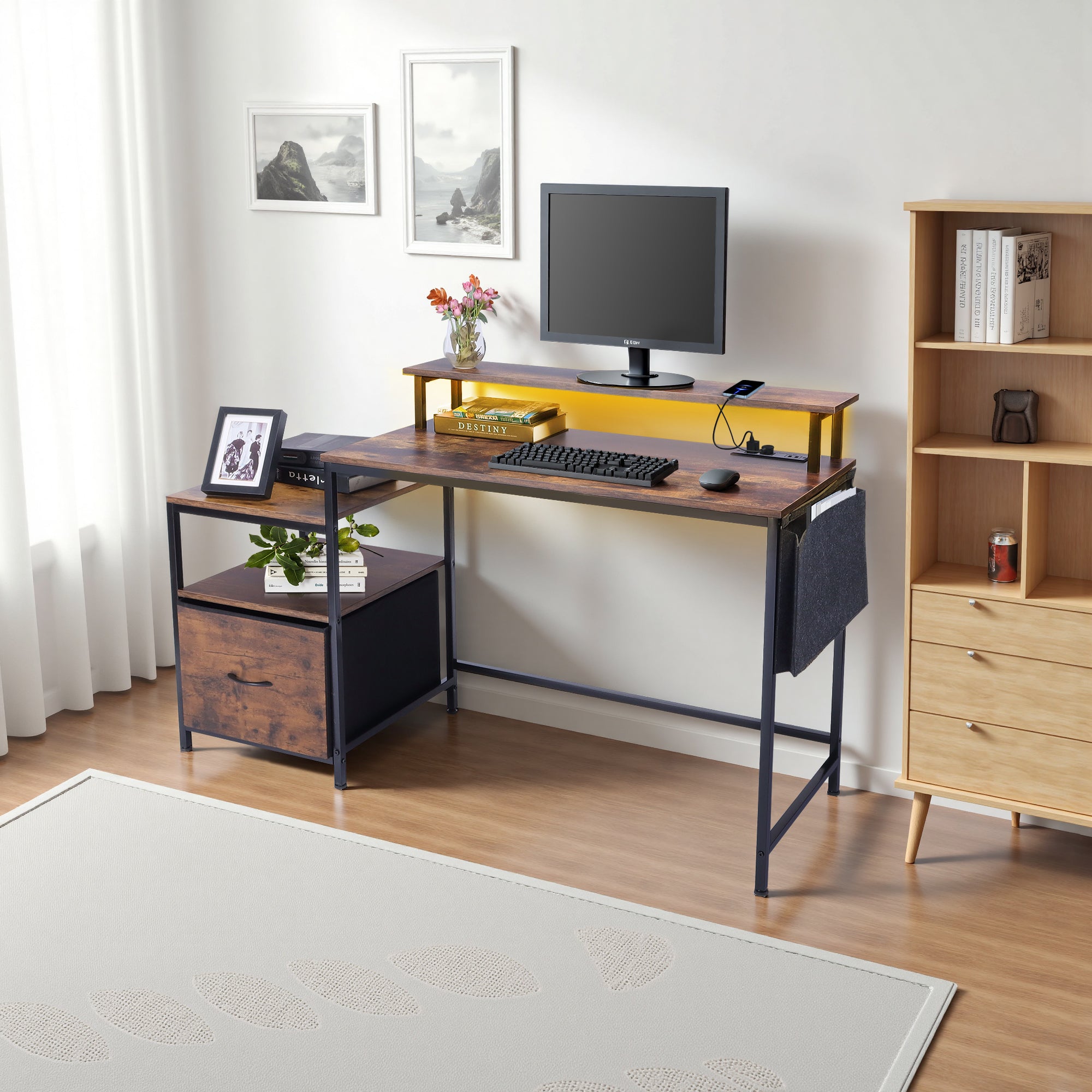 URGOTH Computer Desk with Monitor Shelf, Drawer and Side Storage, Rustic Brown/Black, Charging Station