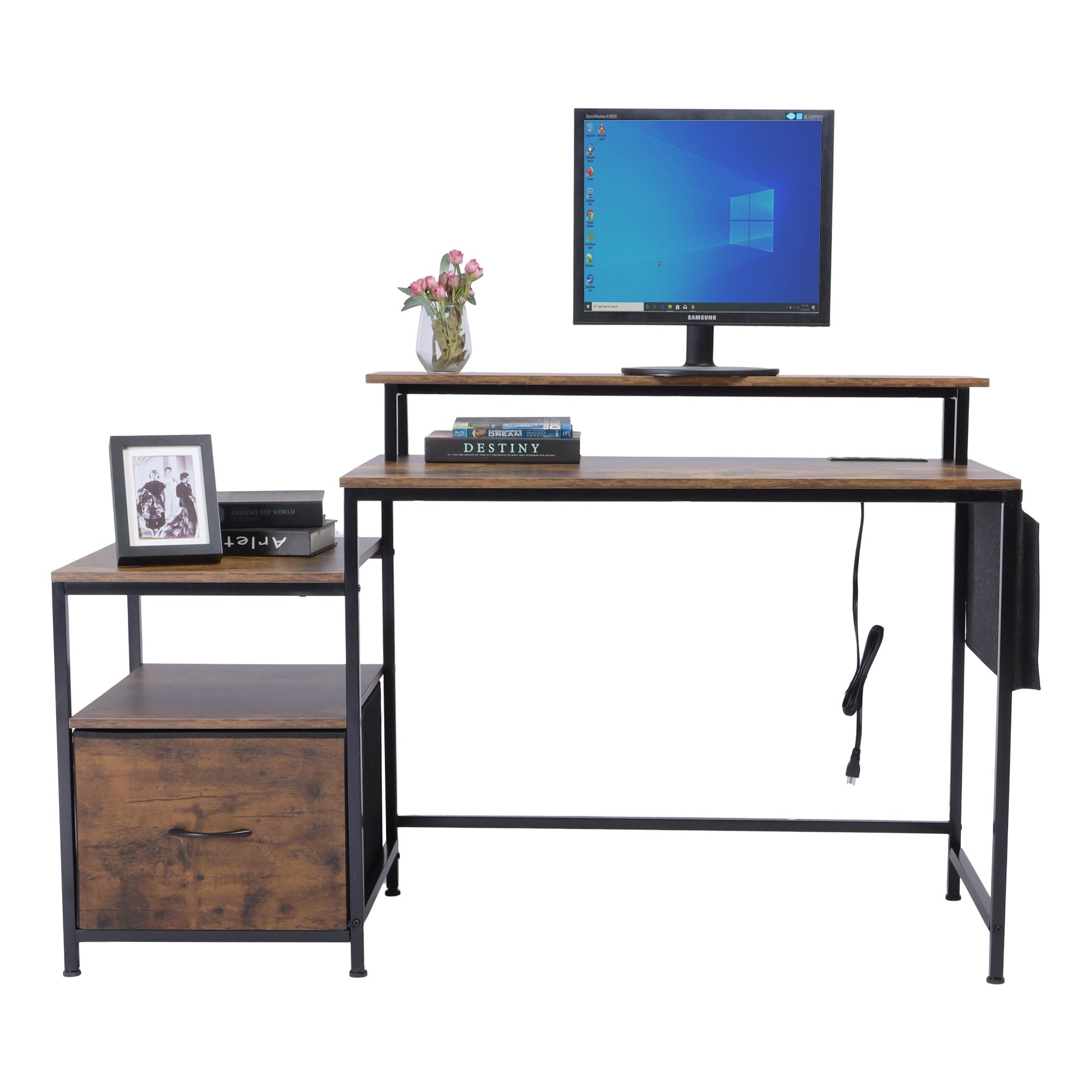 URGOTH Computer Desk with Monitor Shelf, Drawer and Side Storage, Rustic Brown/Black, Charging Station