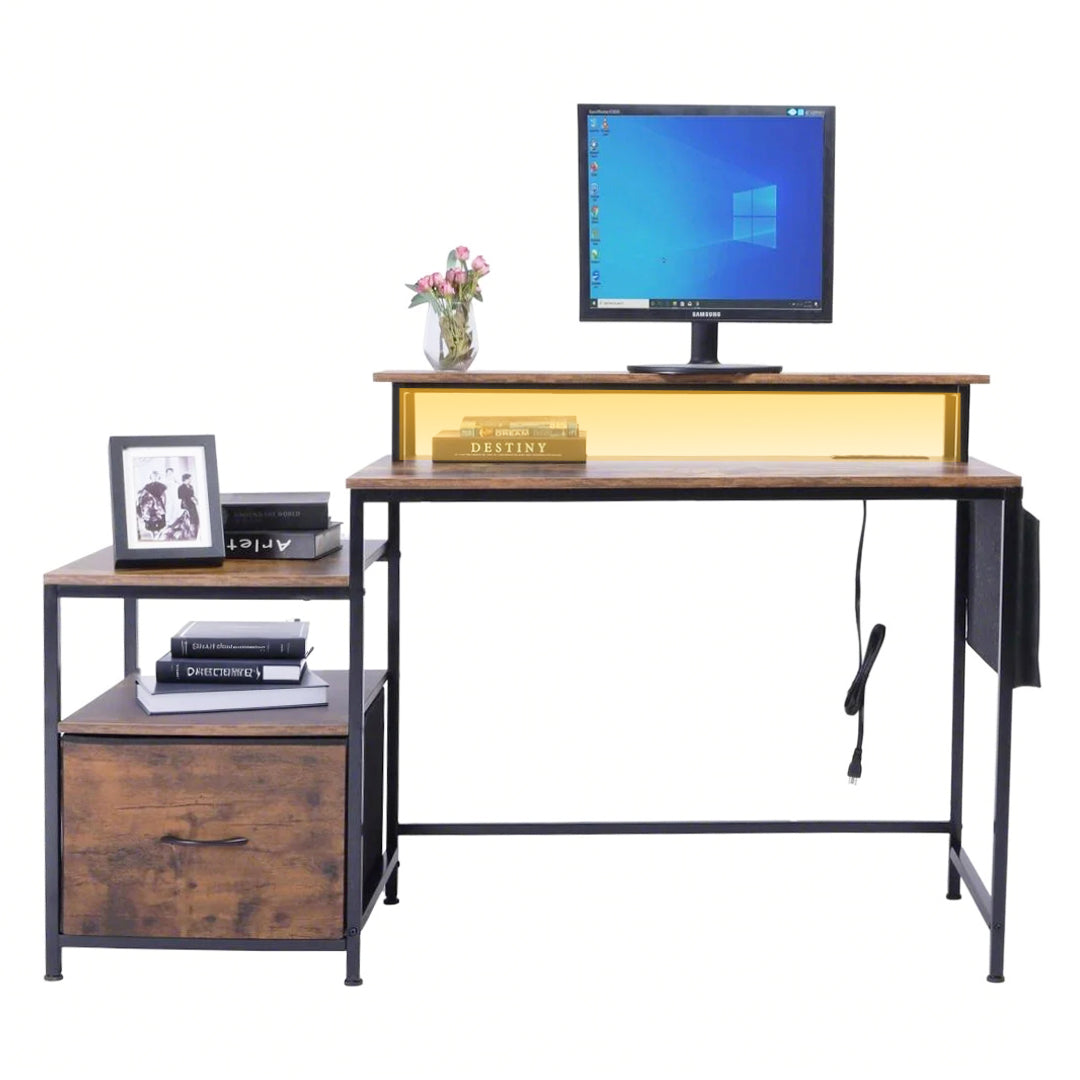 URGOTH Computer Desk with Monitor Shelf, Drawer and Side Storage, Rustic Brown/Black, Charging Station